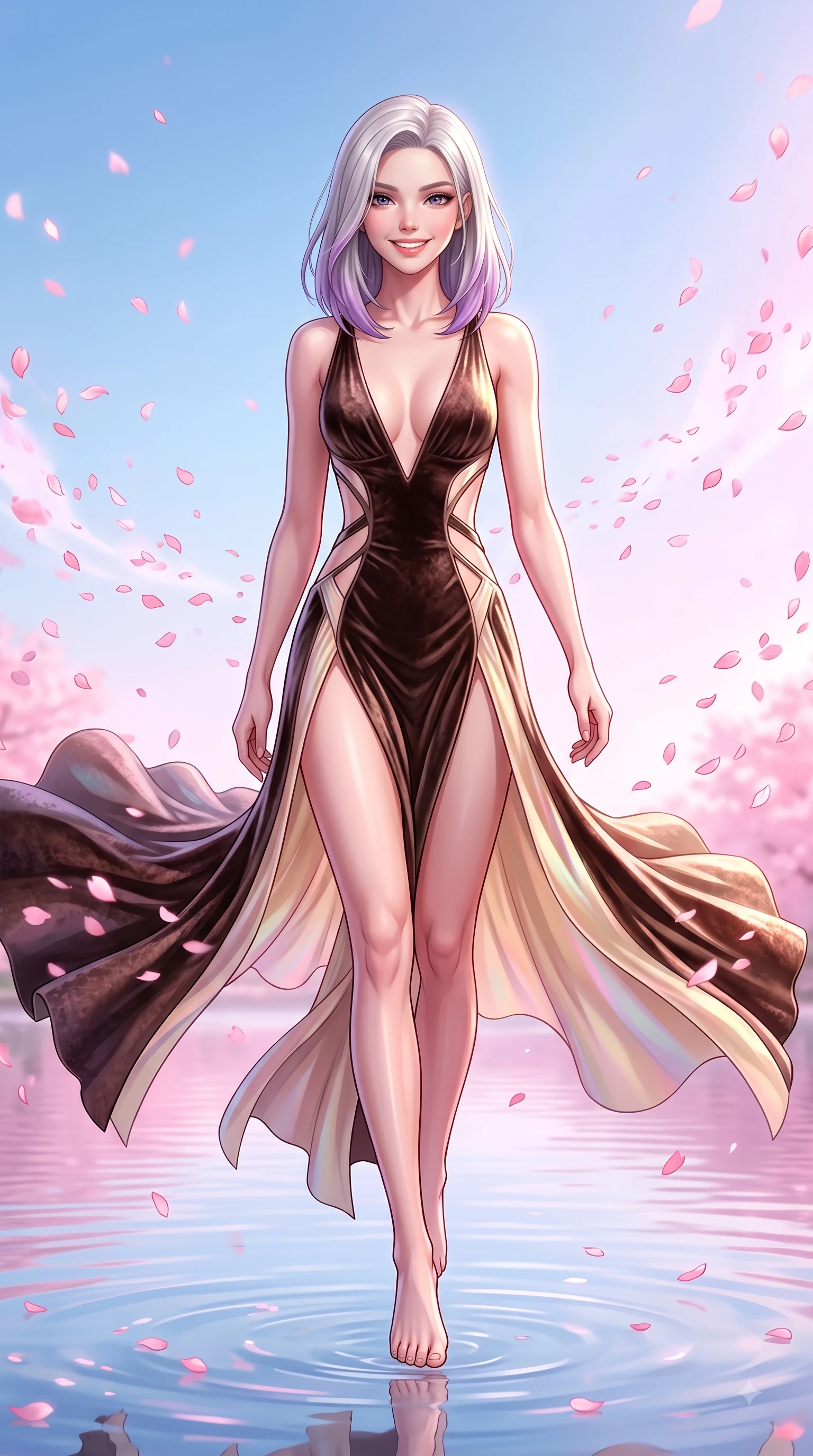 score_9, masterpiece, best quality, ultra-detailed, high-budget anime keyframe, editorial fashion photography, tasteful artistic composition, Caucasian woman. low angle full-body shot from head to toe showing her feet, filling the entire 9:16 vertical frame with her statuesque presence, stretching her vertical silhouette. stepping forward in a proud dynamic stride with a cheerful beaming smile, her vertical silhouette filling the frame while spinning in mid-air over a serene mirror lake as pink petals rain softly around her, floating pink petals drifting around her in dynamic, cheerful wind currents. She has an absolutely perfect, statuesque 8.5-heads proportion, an exceptionally tall and slender model-like female figure with impossibly long slender legs and an ultra-slim waist. sharp v-shaped jawline, high-bridge nose, intricate jewel-like eyes with depth, thick eyelashes, glossy lips with a natural sheen, flawlessly proportioned anatomical accuracy, natural body alignment, perfectly sculpted elegant limbs, clean dynamic posture without body distortion. wearing a backless crushed velvet gown with a deep V-neckline and high thigh slit in espresso brown and warm cream, crafted from iridescent chiffon that shifts colors in the light, featuring clean architectural cutouts along her slender torso, the form-contouring material highlighting her ultra-slim waist and long lines. illuminated by soft glowing pink ambient light and clear sky refractions. highly saturated vibrant anime colors, detailed shading with soft gradients, rich glossy textures, high-contrast stereoscopic depth, volumetric dynamic lighting, master piece, 9:16 ratio