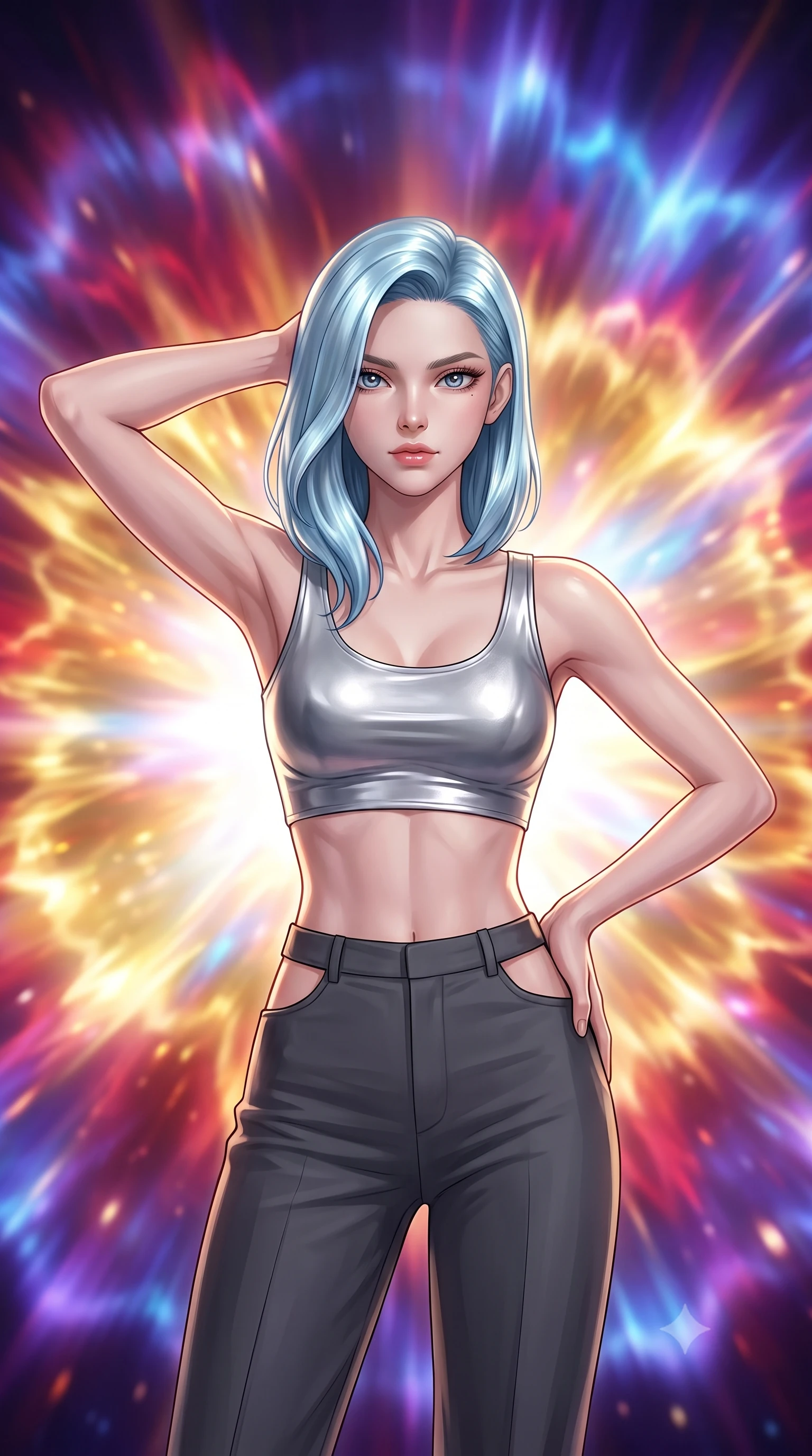 score_9, masterpiece, best quality, ultra-detailed, high-budget anime keyframe, editorial fashion photography, tasteful artistic composition, Korean woman. close-up cowboy shot from the waist and thighs up, the character dominates the composition, filling the frame with her large presence, background elements kept in soft focus. Placing one hand behind her head with confident body language and a direct stare. set against a soft-focus background of witnessing the controlled explosion of a dying star whose energy releases in breathtaking slow-motion petals of pure light each layer peeling away in expanding shells of gold crimson and electric blue. She has an exceptionally elegant and slender, willowy female figure with an ultra-slim waist, a gracefully sculpted slender torso, and a refined slim physique. sharp v-shaped jawline, high-bridge nose, intricate jewel-like eyes with depth, thick eyelashes, glossy lips with a natural sheen. wearing a metallic silver crop top paired with high-waisted charcoal trousers featuring side waist cutouts. overwhelming brilliant supernova light in rapidly shifting colors from white-hot center through gold orange crimson and finally violet at the expanding edges. 2k, ultra detail, master piece, 9:16 ratio