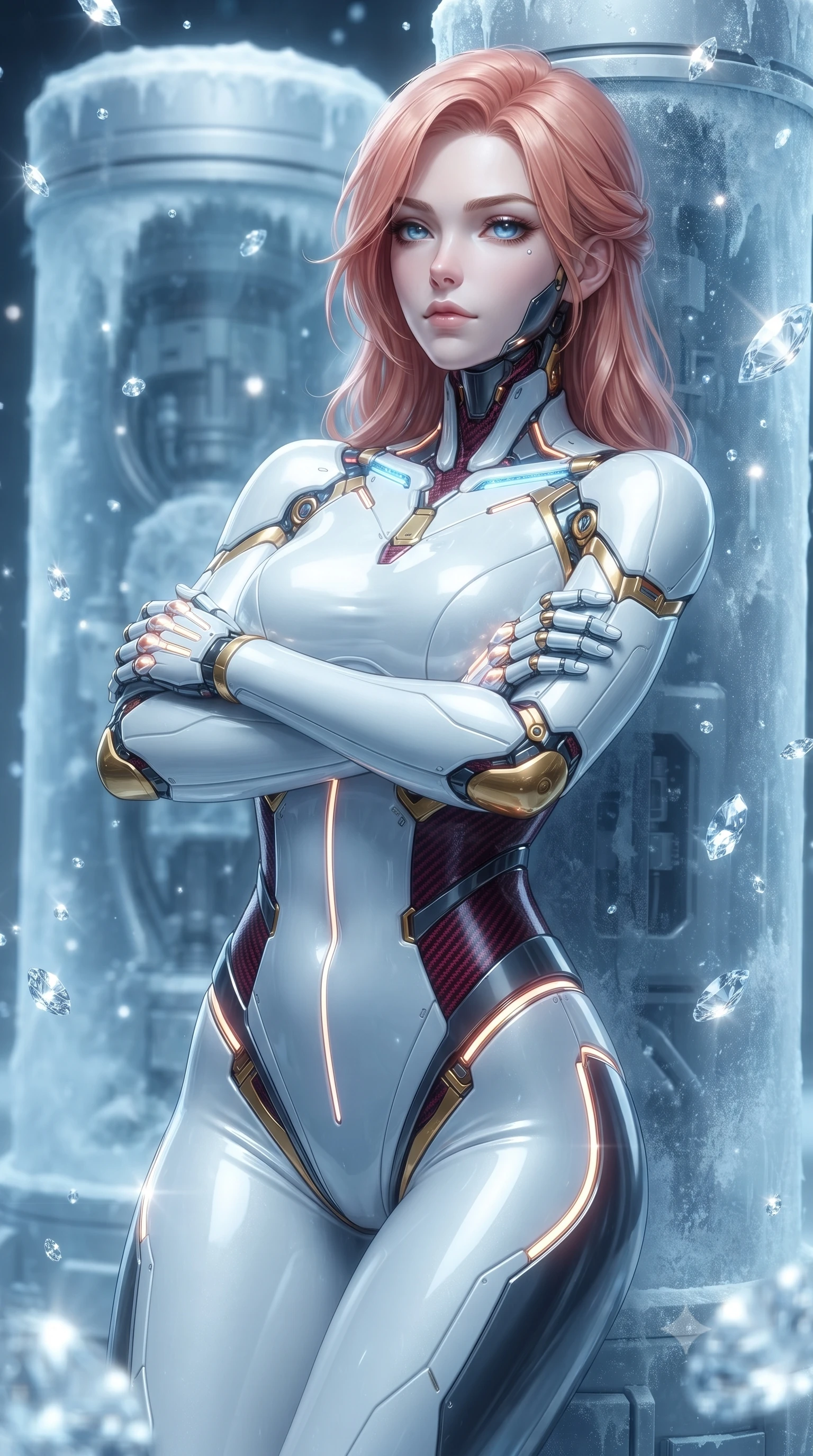 score_9, masterpiece, best quality, ultra-detailed, high-budget anime keyframe, editorial fashion photography, tasteful artistic composition, Japanese woman. close-up cowboy shot from the waist and thighs up, the character dominates the composition, filling the frame with her large presence. tilting her head back with serene warrior composure, her sharp jawline and sculpted collarbones highlighted by glowing neon kinetic knuckles while resting against a frost-covered stasis cylinder with arms folded, casting a cool, smoldering gaze through ice vapor. The composition keeps background elements in soft focus with creamy bokeh. glistening diamond ice crystals scattering bright specular light motes across a cool backdrop. She has an exceptionally elegant, slender, and willowy female figure with an ultra-slim waist, a gracefully sculpted slender torso, toned flat midriff, and a refined slim silhouette. sharp v-shaped jawline, high-bridge nose, intricate jewel-like eyes with depth, thick eyelashes, glossy lips with a natural sheen, flawlessly proportioned anatomical accuracy, strict slender model proportions, natural body alignment, perfectly sculpted long slender limbs, ultra-slim waistline, clean dynamic posture without body distortion. wearing a form-contouring arctic white carbon-composite martial arts leotard with solar gold articulation joints and diagonal midriff vents in deep crimson carbon weave with specular dark chrome accents, crafted from ultra-strong woven carbon-fiber composite with a satin luster, accented with glowing fiber-optic conduits tracing her collarbones and hip curves, the form-contouring material adhering flawlessly to her sculpted flat midriff and slender torso, emphasizing her long leg lines and perfectly proportioned willowy build. surrounded by a cool, lethal, and breathtakingly alluring frost-martial-goddess aura. ultra-reflective glossy finish, specular highlights, dark metallic sheen, high-contrast stereoscopic depth, volumetric dynamic lighting, 2k, ultra detail, master piece, 9:16 ratio