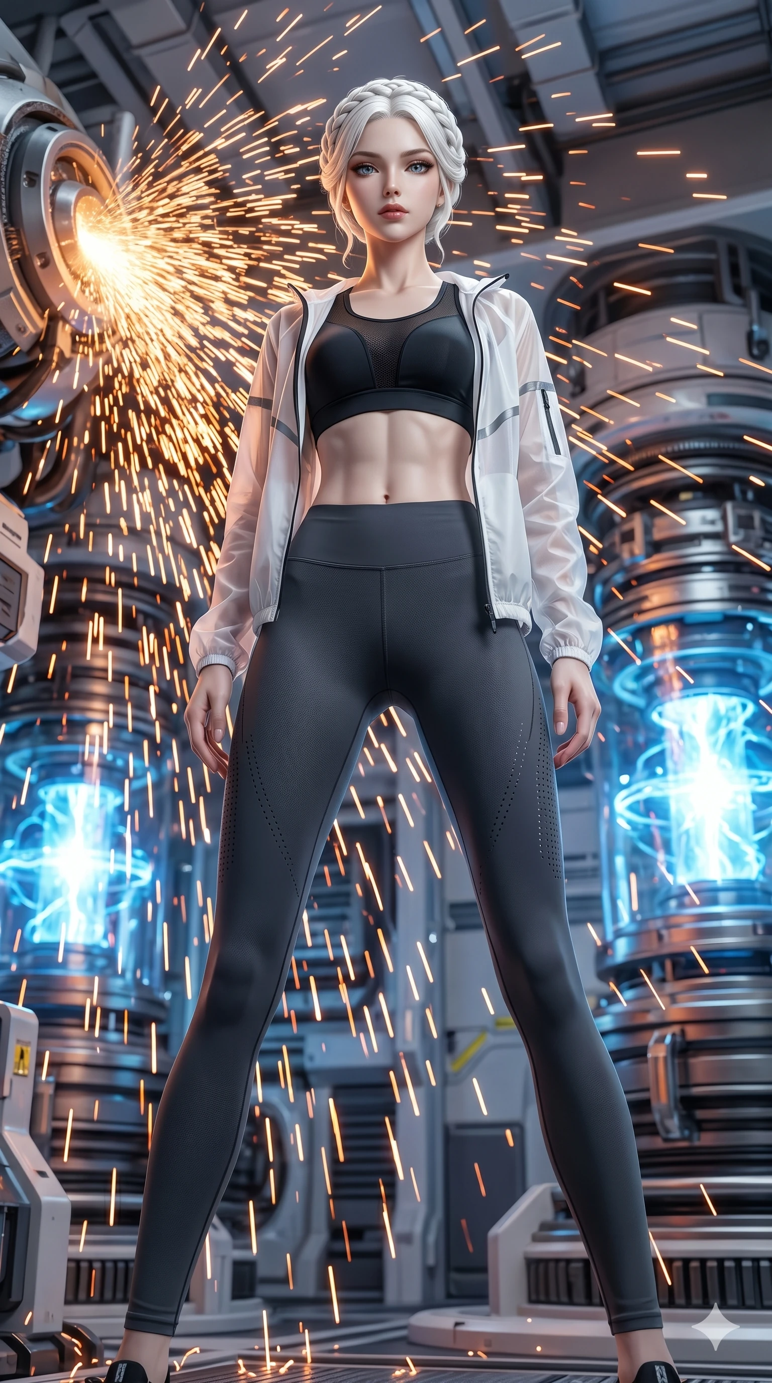 score_9, masterpiece, best quality, ultra-detailed, Set A: Photorealistic 8k CG, Japanese woman. Low angle cowboy shot filling the entire 9:16 frame with her statuesque presence. Standing in a fountain of sparks inside a high-tech engine room with blue energy cores. She has an absolutely perfect 8-heads proportion, an exceptionally tall and slender female figure with impossibly long slender legs and an ultra-slim waist. Sharp v-shaped jawline, high-bridge nose, intricate jewel-like eyes with depth, thick eyelashes, glossy lips. Wearing a Premium Athleisure outfit: sleek high-performance activewear with a sheer windbreaker and exposed midriff. Background is a bright and colorful industrial setting with flying orange sparks and glowing machinery. 2k, ultra detail, master piece, 9:16 ratio