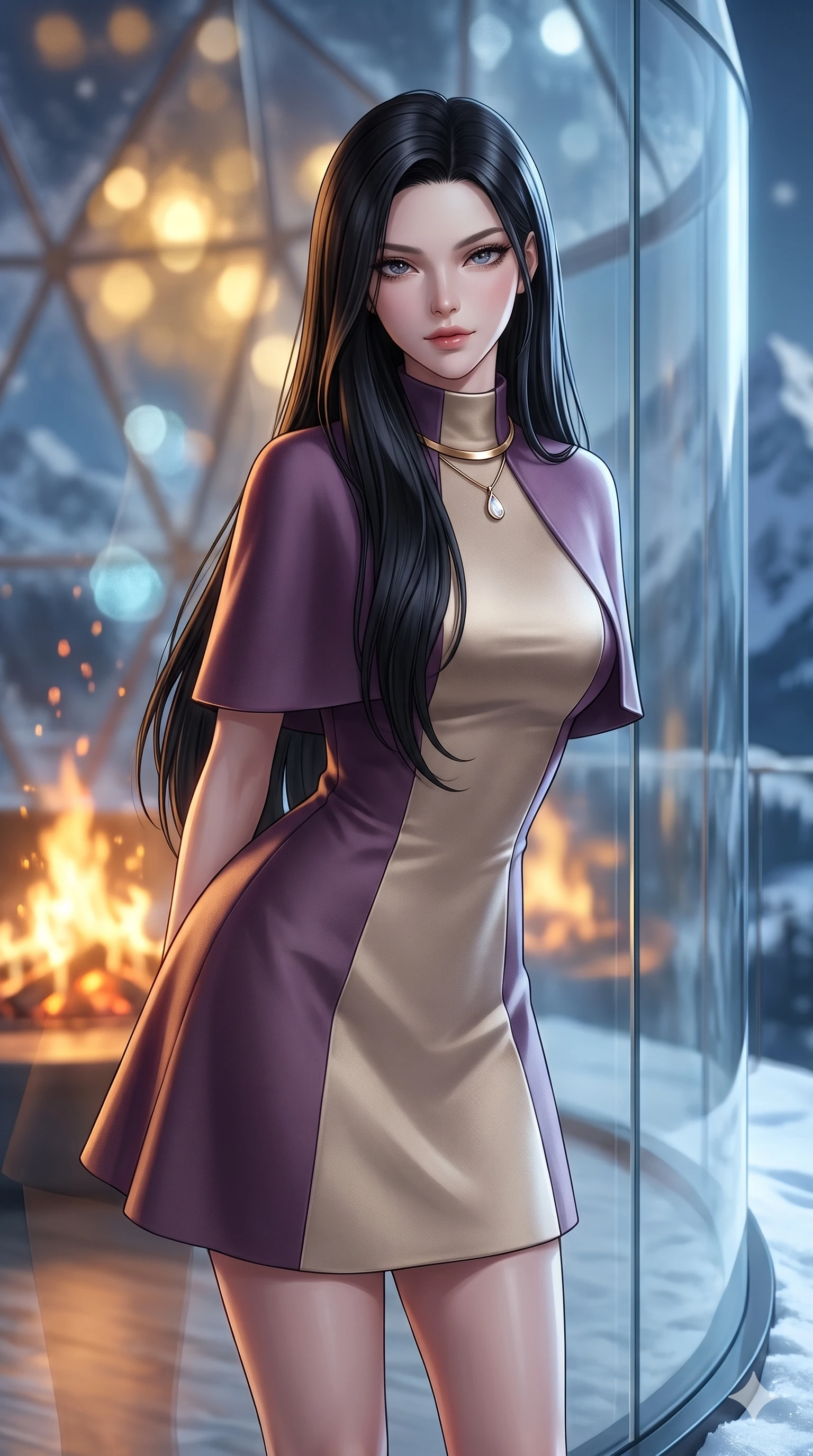 score_9, masterpiece, best quality, ultra-detailed, high-budget anime keyframe, semi-realistic 3D game render, editorial fashion photography, tasteful artistic composition, Korean woman. close-up cowboy shot from the waist and thighs up, the character dominates the composition, filling the frame with her large presence. leaning forward while arching her lower back to accentuate her curvy hips, looking into the camera with an intoxicating smoldering gaze and bedroom-eyes while standing poised against the transparent curved glass wall, casting an intoxicating glance into the camera while firelight warms her silhouette. The background shows a soft-focus dancing fireplace embers, panoramic snow-covered mountain ridges under moonlight, and frosted geodesic glass facets blurred into warm gold, icy azure, and diamond white bokeh. She has an exceptionally elegant, slender, and willowy female figure with an ultra-slim waist, flat toned midriff, narrow ribcage, and sculpted feminine hips creating an alluring, slim hourglass silhouette without bulk. sharp v-shaped jawline, high-bridge nose, sparkling eyes with hypnotic seductive depth, thick curled eyelashes, glossy parted lips with a natural dewy peach sheen, alluring bedroom-eyes with an enchanting coquettish smile, exuding magnetic siren charisma and sophisticated glamour, flawlessly proportioned anatomical accuracy, strict slender model proportions, natural body alignment, perfectly sculpted long slender limbs, ultra-slim waistline, clean dynamic posture without body distortion. wearing a tailored Nordic wool capelet dress with high funnel collar and subtle A-line silhouette in frosted plum violet and brushed champagne gold, tailored from structured matte duchess satin with clean architectural drape, finished with a minimalist gold choker and a single teardrop diamond pendant, the impeccably tailored cut draping gracefully along her slender figure with aristocratic futuristic poise. illuminated by snowy ground reflection fill and sharp icy-platinum rim lights defining her razor-sharp jawline, narrow waist, and curvy hips. highly saturated vibrant anime colors, detailed shading with soft gradients, rich glossy textures, high-contrast stereoscopic depth, volumetric dynamic lighting, master piece, 9:16 ratio