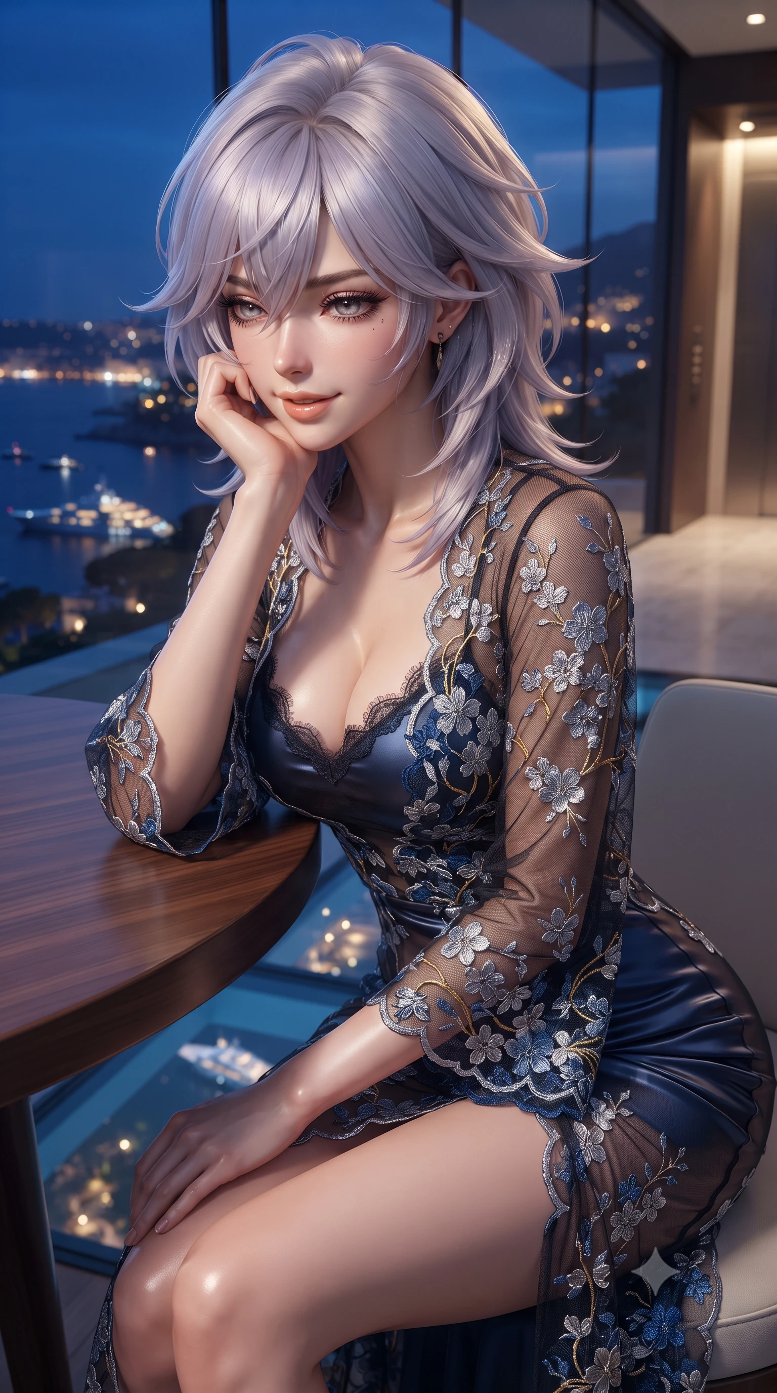 score_9, masterpiece, best quality, ultra-detailed, high-budget anime keyframe, editorial fashion photography, tasteful artistic composition, Japanese woman. close-up cowboy shot from the waist and thighs up, the character dominates the composition, filling the frame with her large presence. resting one elbow on the table and supporting her chin, leaning close to the camera with heavy-lidded sparkling eyes and parted lips while leaning against the seamless glass enclosure with hips cocked back, looking through transparent floor panels at illuminated yacht lights with bedroom-eyes. The background shows a soft-focus interior elevator cove LEDs softened in ultra-futuristic coastal estate shallow focus. She has an exceptionally elegant, slender, and willowy female figure with an ultra-slim waist, flat toned midriff, narrow ribcage, and sculpted feminine hips creating an alluring, slim hourglass silhouette without bulk. sharp v-shaped jawline, high-bridge nose, intricate jewel-like sparkling eyes with depth, thick eyelashes, glossy parted lips with a natural peach sheen, bright cheerful beaming smile with an enchanting and coquettish sensual glint, exuding both youthful cute charm and seductive allure, flawlessly proportioned anatomical accuracy, strict slender model proportions, natural body alignment, perfectly sculpted long slender limbs, ultra-slim waistline, clean dynamic posture without body distortion. wearing a provocative sheer noir illusion mesh kimono dress with embroidered silver cherry blossom motifs framing her curves in Marrakech majorelle blue and molten 24k gold, crafted from fluid liquid silk satin that clings smoothly to her narrow waist and rounded hips with a dewy sheen, finished with scalloped eyelash lace trim framing her sweetheart neckline with intimate elegance, the second-skin tailored fabric adhering flawlessly to her sculpted flat midriff and slender torso, emphasizing her long leg lines and perfectly proportioned willowy build. bathed in the dynamic blue-hour and midnight bay ambient contrasted with thousands of warm golden city lights along the Naples coast. ultra-reflective glossy finish, specular highlights, rich textural contrasts, high-contrast stereoscopic depth, volumetric dynamic lighting, 2k, ultra detail, master piece, 9:16 ratio
