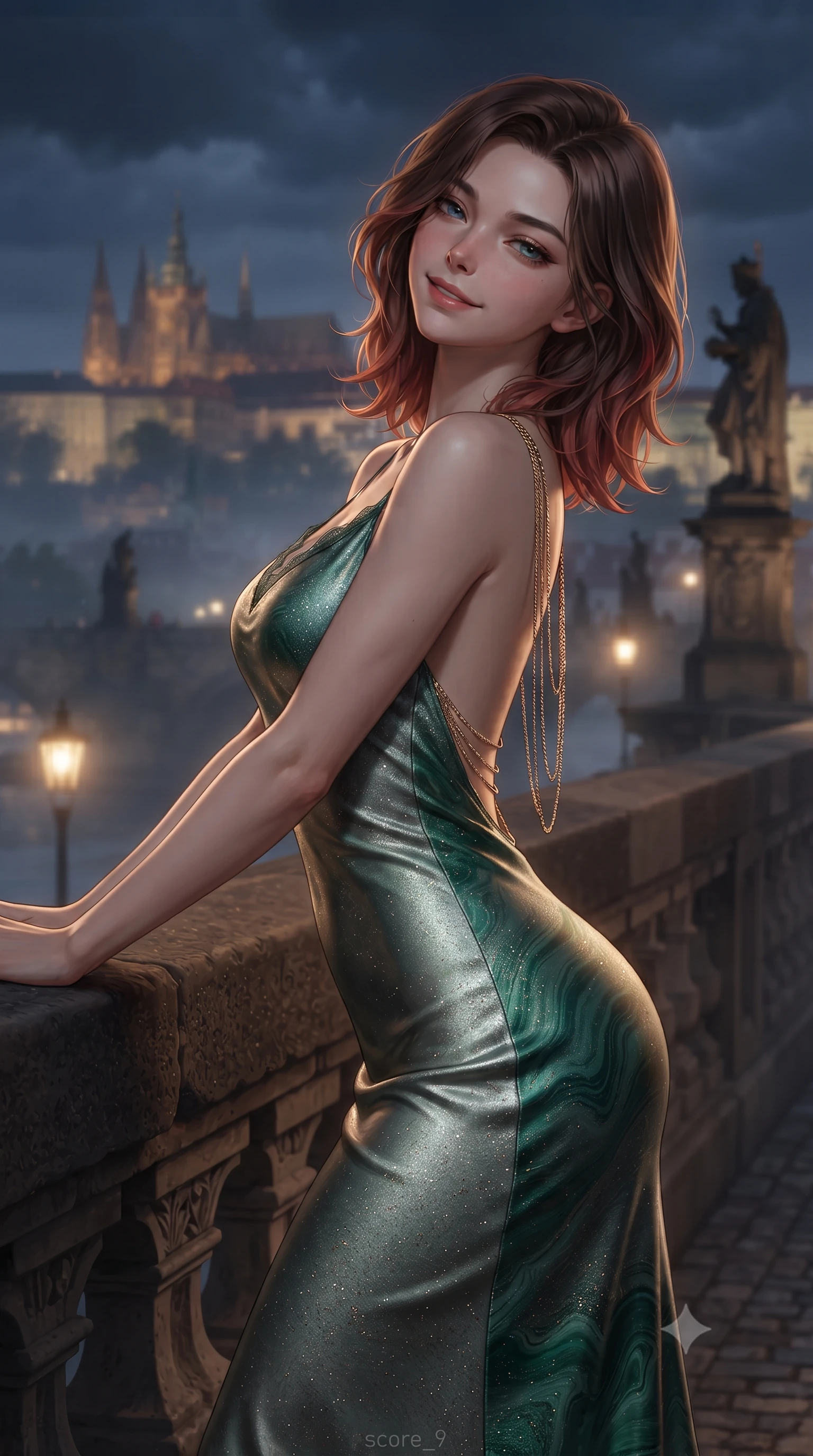score_9, masterpiece, best quality, ultra-detailed, high-budget anime keyframe, editorial fashion photography, tasteful artistic composition, Korean woman. close-up cowboy shot from the waist and thighs up, the character dominates the composition, filling the frame with her large presence. leaning back against the balustrade with relaxed seductive grace, head tilted back slightly while casting a hypnotic, heavy-lidded gaze while twisting her slender torso in an alluring S-curve, gas streetlight glows from the bridge below tracing her flat midriff and hourglass curves. The background shows a soft-focus illuminated statues of the Charles Bridge spanning the misty Vltava, distant spires of St. Vitus Cathedral against midnight indigo clouds, blurred into topaz, slate, and amber bokeh. She has an exceptionally elegant, slender, and willowy female figure with an ultra-slim waist, flat toned midriff, narrow ribcage, and sculpted feminine hips creating an alluring, slim hourglass silhouette without bulk. sharp v-shaped jawline, high-bridge nose, intricate jewel-like sparkling eyes with depth, thick eyelashes, glossy parted lips with a natural peach sheen, bright cheerful beaming smile with an enchanting and coquettish sensual glint, exuding both youthful cute charm and seductive allure, flawlessly proportioned anatomical accuracy, strict slender model proportions, natural body alignment, perfectly sculpted long slender limbs, ultra-slim waistline, clean dynamic posture without body distortion. wearing a sculpted liquid satin bias-cut slip dress tailored with contouring seams that adhere flawlessly over her feminine hips in Art Nouveau malachite green and antique starlight silver, woven from structured British tweed with subtle metallic flecks, accented with an open-back drape framed by falling strands of delicate gold chains, the liquid-tight tailored fabric clinging flawlessly to her narrow waist and rounded feminine hips, emphasizing every millimeter of her sculpted slim hourglass curves without any bulky heaviness. illuminated by stone wall bounce fill and sharp copper-gold rim lights defining her dewy collarbones, ultra-slim waist, and curvy hips. ultra-reflective glossy finish, specular highlights, rich textural contrasts, high-contrast stereoscopic depth, volumetric dynamic lighting, 2k, ultra detail, master piece, 9:16 ratio