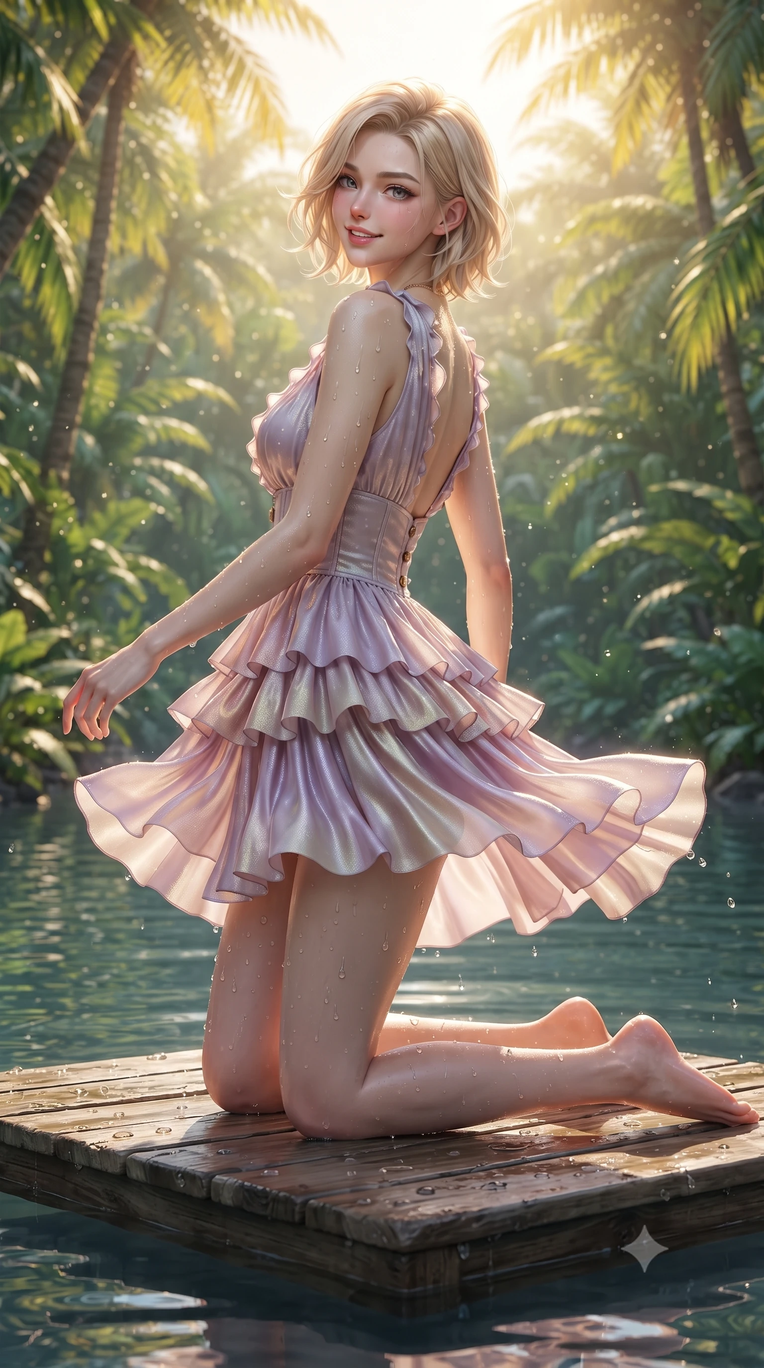 score_9, masterpiece, best quality, ultra-detailed, high-budget anime keyframe, editorial fashion photography, tasteful artistic composition, Caucasian woman. low angle full-body shot from head to toe showing her feet, filling the entire 9:16 vertical frame with her statuesque presence, stretching her vertical silhouette. executing a cheerful mid-motion pivot turn as her skirt flutters around her slender legs, glancing over her shoulder with an intoxicating, teasing cute expression while kneeling gracefully on a floating wooden platform surrounded by water, her athletic slender curves and curvy hips creating a breathtaking line. The surrounding environment is rendered in vivid detail and crisp panoramic clarity. detailed swimwear fabric sheen, water droplet beads on skin, and tropical foliage in high clarity. She has an exceptionally tall and slender model-like 8.5-heads proportion, an ultra-slim waist, a flat toned midriff, narrow delicate ribcage, and beautifully sculpted feminine hips creating a graceful, slim hourglass silhouette without any bulky heaviness, with impossibly long slender legs. sharp v-shaped jawline, high-bridge nose, intricate jewel-like sparkling eyes with depth, thick eyelashes, glossy parted lips with a natural peach sheen, bright cheerful beaming smile with an enchanting and coquettish sensual glint, exuding both youthful cute charm and seductive allure, flawlessly proportioned anatomical accuracy, strict slender model proportions, natural body alignment, perfectly sculpted long slender limbs, ultra-slim waistline, clean dynamic posture without body distortion. wearing a tiered ruffled chiffon mini dress with a fitted corseted waist and open back in soft lilac and champagne shimmer, made of smooth fluid silk satin with a delicate pearlescent sheen, finished with neat front wooden buttons and delicate pocket details, the high-waisted tailoring accentuating her ultra-slim waistline and the enchanting curve of her feminine hips with alluring charm. bathed in warm tropical golden morning sunlight filtering through jungle canopy foliage. ultra-reflective glossy finish, specular highlights, rich textural contrasts, high-contrast stereoscopic depth, volumetric dynamic lighting, 2k, ultra detail, master piece, 9:16 ratio
