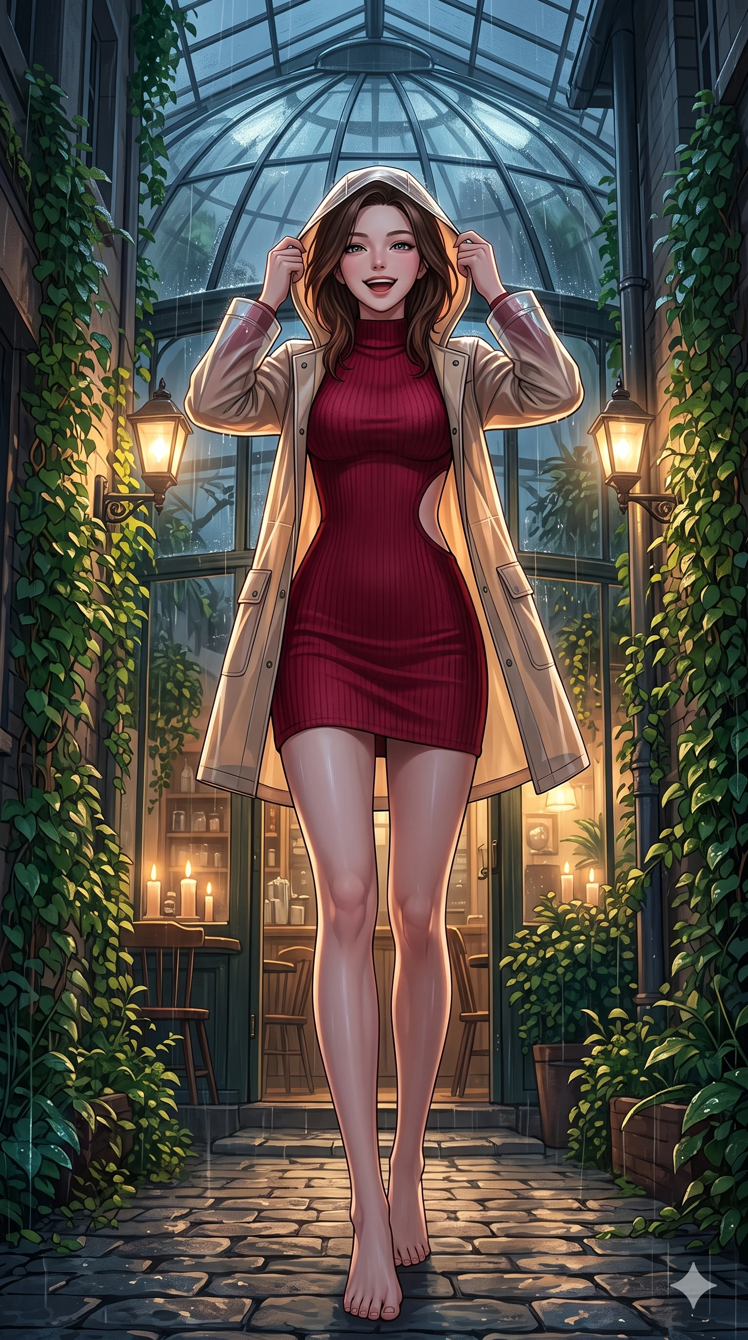 score_9, masterpiece, best quality, ultra-detailed, high-budget anime keyframe, vibrant anime aesthetic, Korean woman. low angle full-body shot from head to toe showing her feet, filling the entire 9:16 vertical frame with her statuesque presence, stretching her vertical silhouette. She is adjusting her stylish raincoat hood, laughing with a radiant face, with a warm and inviting look under the glass conservatory dome. by a quiet alleyway entrance lined with lush green climbing vines and glowing streetlamps in the twilight rain (Code-P22-049). She has an absolutely perfect 8-heads proportion, an exceptionally tall and slender female figure with impossibly long slender legs and an ultra-slim waist. V-shaped jawline, high-bridge nose, intricate jewel-like eyes with depth, thick eyelashes, glossy lips with a natural sheen. wearing a bodycon knit dress with an elegant side panel cut-out in deep crimson. She is illuminated by warm candlelight and soft gaslight from a cozy greenhouse cafe, tracing the elegant lines of her shoulders in the cozy indoor garden. 2k, ultra detail, master piece, 9:16 ratio