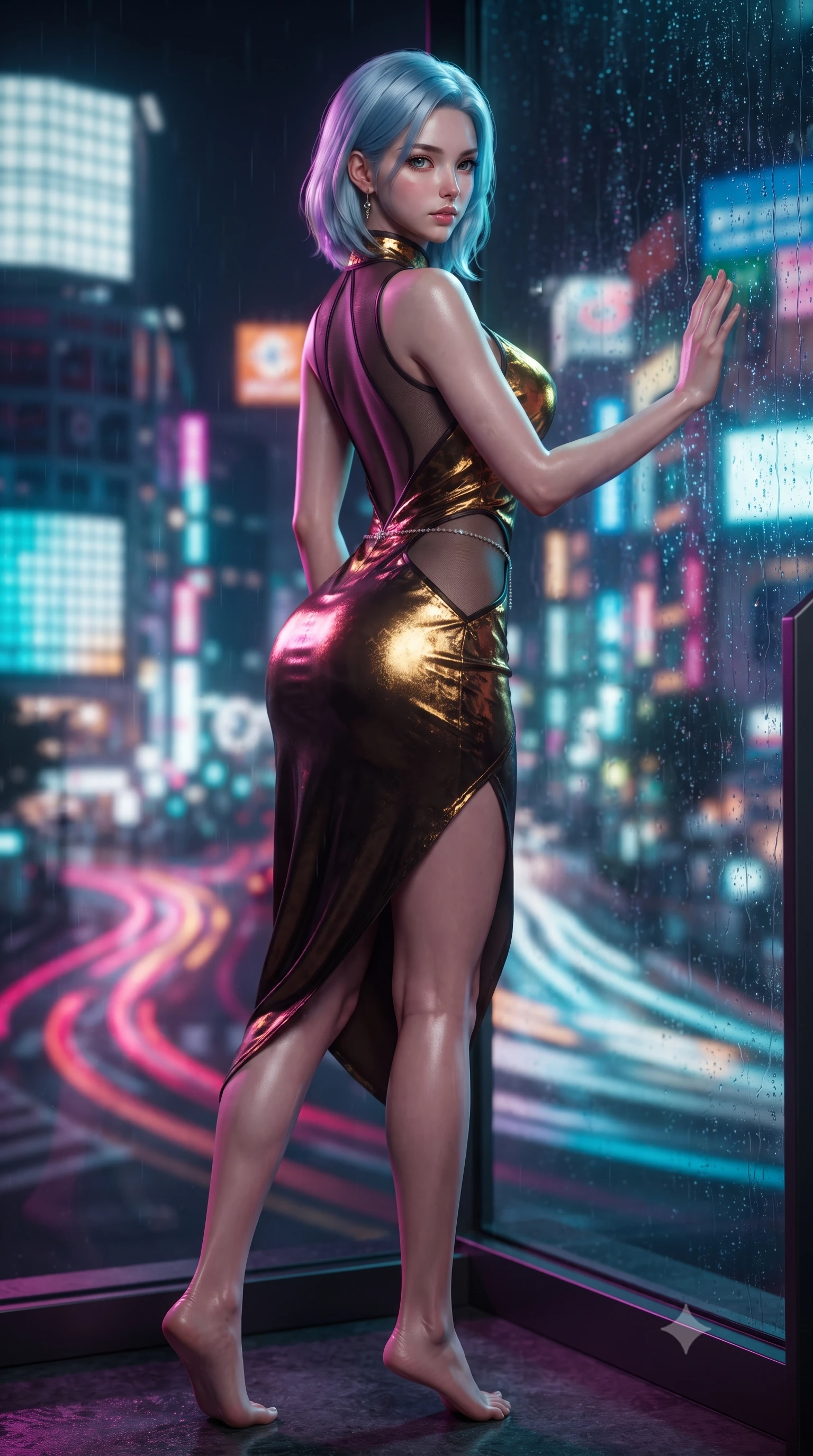 score_9, masterpiece, best quality, ultra-detailed, high-budget anime keyframe, editorial fashion photography, tasteful artistic composition, Korean woman. low angle full-body shot from head to toe showing her feet, filling the entire 9:16 vertical frame with her statuesque presence, stretching her vertical silhouette. posing with back turned slightly to the lens, glancing back with smoldering allure as she arches her lower back to emphasize her sculpted feminine hips and slender waist while twisting her slender torso in an alluring contrapposto stance, one hand pressed against the glass as city neon washes over her curves with bedroom-eyes. The composition keeps background elements in soft focus with creamy bokeh. swirling Tokyo neon traffic trails and digital billboard light grids blurred into electric magenta, cyan, and amber bokeh. She has an exceptionally tall and slender model-like 8.5-heads proportion, an ultra-slim waist, a flat toned midriff, narrow delicate ribcage, and beautifully sculpted feminine hips creating a graceful, slim hourglass silhouette without any bulky heaviness, with impossibly long slender legs. sharp v-shaped jawline, high-bridge nose, intricate jewel-like eyes with depth, thick eyelashes, glossy parted lips with a natural sheen, intensely captivating and seductive bedroom-eyes expression, flawlessly proportioned anatomical accuracy, strict slender model proportions, natural body alignment, perfectly sculpted long slender limbs, ultra-slim waistline, clean dynamic posture without body distortion. wearing a wet-look silk fusion wrap dress with asymmetrical sheer mesh cutouts and high Mandarin collar in dark espresso brown and molten gold foil, crafted from luxurious metallic lamé that shifts radiance with every step, accented with a dainty diamond waist chain catching the ambient light reflections, the second-skin form-contouring cut accentuating her sculpted flat midriff, narrow delicate ribcage, and gracefully curvy hips with supermodel precision. bathed in vibrant magenta and electric cyan neon underlights contrasting with cool night sky ambient fill. ultra-reflective glossy finish, specular highlights, rich textural contrasts, high-contrast stereoscopic depth, volumetric dynamic lighting, 2k, ultra detail, master piece, 9:16 ratio