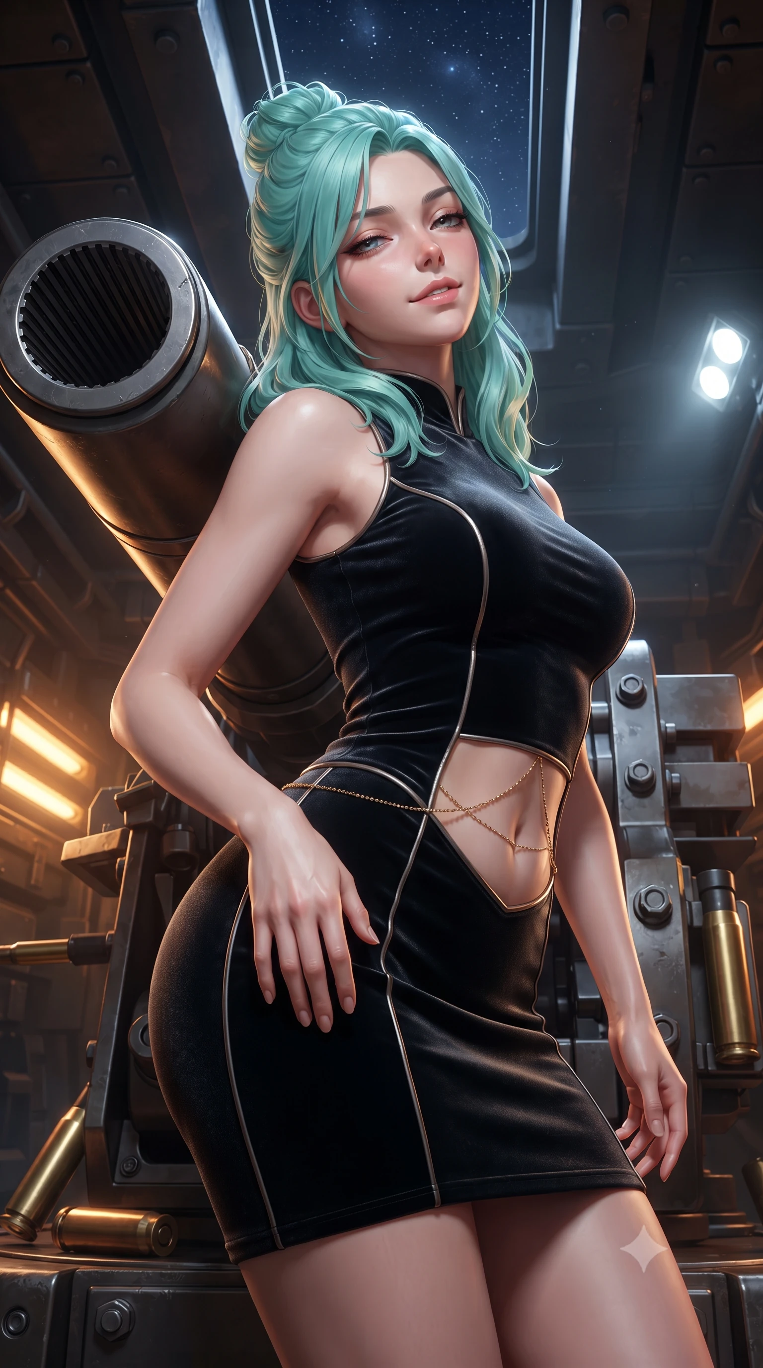 score_9, masterpiece, best quality, ultra-detailed, high-budget anime keyframe, editorial fashion photography, tasteful artistic composition, Japanese woman. close-up cowboy shot from the waist and thighs up, the character dominates the composition, filling the frame with her large presence. tilting her head with a teasing half-smile, running one hand slowly down the side of her hip in a flirtatious S-curve as ambient light caresses her silhouette while leaning against the armored cannon breech with hips cocked back, gazing up the vertical shaft toward the distant starry night hatch with heavy-lidded bedroom-eyes. The surrounding environment is rendered in vivid detail and crisp panoramic clarity: sharp rifling grooves inside massive cannon muzzle, polished brass shell casings, and heavy industrial armor bolts in deep focus. She has an exceptionally elegant, slender, and willowy female figure with an ultra-slim waist, flat toned midriff, narrow ribcage, and sculpted feminine hips creating an alluring, slim hourglass silhouette without bulk. sharp v-shaped jawline, high-bridge nose, intricate jewel-like sparkling eyes with depth, thick eyelashes, glossy parted lips with a natural peach sheen, bright cheerful beaming smile with an enchanting and coquettish sensual glint, exuding both youthful cute charm and seductive allure, flawlessly proportioned anatomical accuracy, strict slender model proportions, natural body alignment, perfectly sculpted long slender limbs, ultra-slim waistline, clean dynamic posture without body distortion. wearing a tailored liquid velvet combat sheath dress with subtle metallic piping following her feminine curves without bulk in solar-sail rainbow diffraction and titanium white, woven from buttery-soft stretch lambskin leather adhering to her body like a second skin, accented with a dainty gold belly chain resting across her flat midriff and curving hips, the second-skin tailored fabric adhering flawlessly to her sculpted flat midriff and slender torso, emphasizing her long leg lines and perfectly proportioned willowy build. bathed in high-contrast industrial amber hazard lighting combined with cool white work floodlights. ultra-reflective glossy finish, specular highlights, rich textural contrasts, high-contrast stereoscopic depth, volumetric dynamic lighting, 2k, ultra detail, master piece, 9:16 ratio