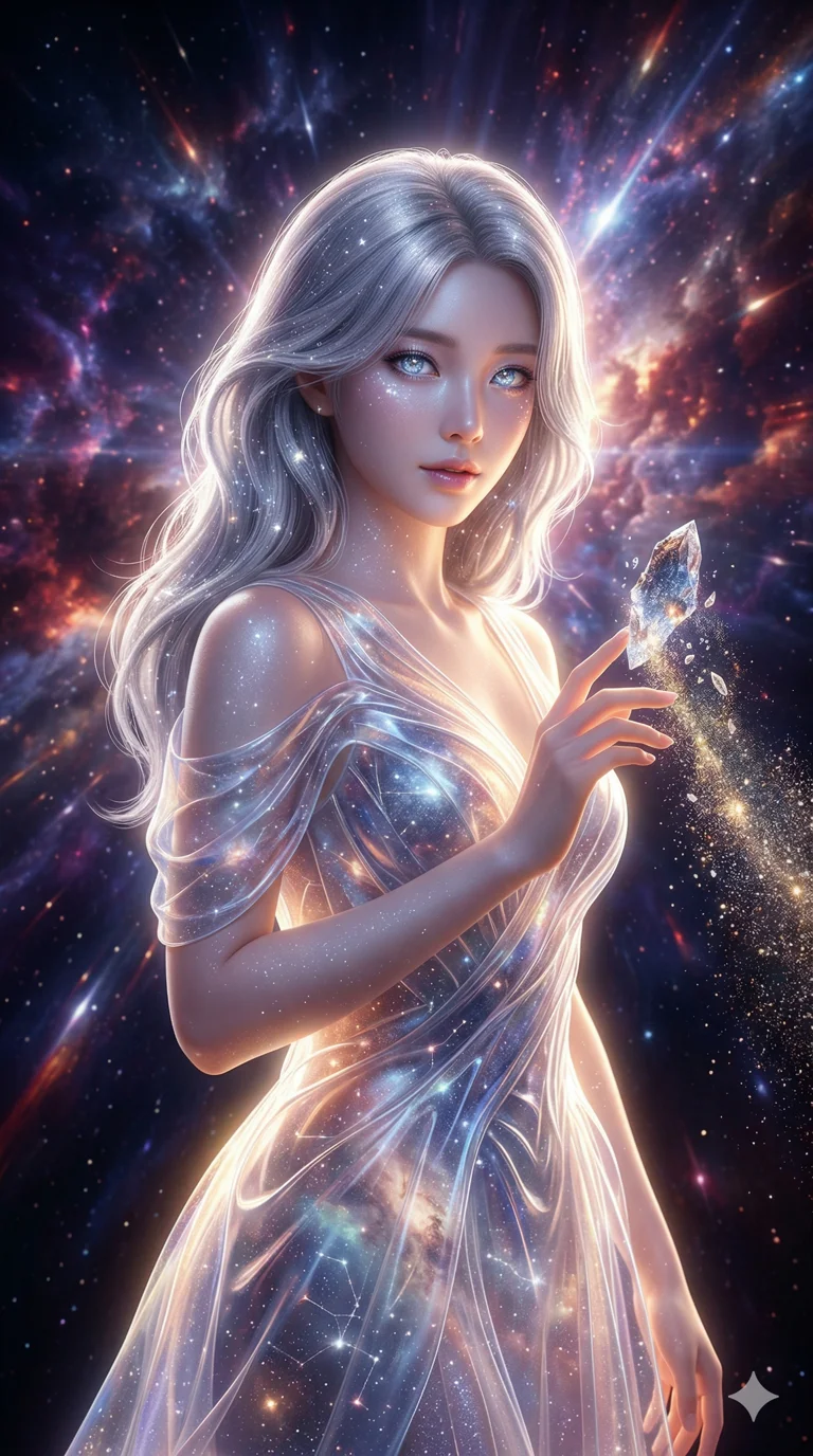 score_9, masterpiece, best quality, ultra-detailed, photorealistic 8k CG render, an incredibly beautiful Korean woman. Medium shot of upper body focusing on her alluring features. She is a star-child born in a dying star, her touch turning everything into stardust. She has an absolutely perfect 8-heads proportion, a towering and slender female figure. Her face is a masterpiece with silver hair and glowing crystalline eyes. She is wearing a translucent plastic gown made of starlight, highlighting her alluring silhouette. Cosmic explosion background, dramatic rim lighting, radiant glowing skin, 2k, ultra detail, master piece, 9:16 ratio