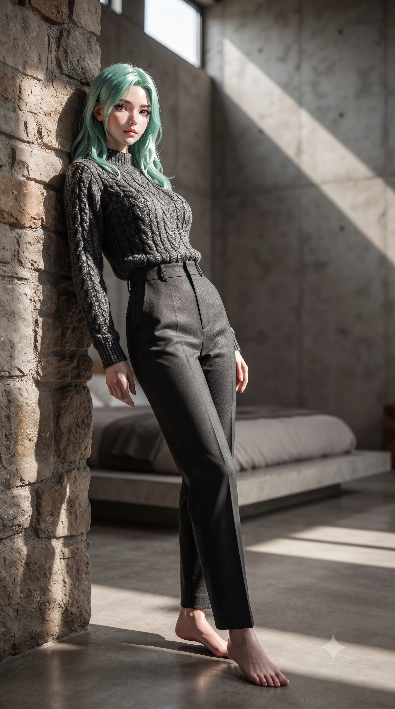 score_9, masterpiece, best quality, ultra-detailed, high-budget anime keyframe, editorial fashion photography, tasteful artistic composition, Japanese woman woman. low angle full-body shot from head to toe showing her feet, filling the entire 9:16 vertical frame with her statuesque presence, stretching her vertical silhouette. leaning back against a rustic stone wall, casting a slow, alluring gaze at the camera the background shows a soft-focus a spacious minimalist bedroom with raw concrete walls and a low platform bed. She has an absolutely perfect, statuesque 8.5-heads proportion, an exceptionally tall and slender model-like female figure with impossibly long slender legs and an ultra-slim waist. sharp v-shaped jawline, high-bridge nose, intricate jewel-like eyes with depth, thick eyelashes, glossy lips with a natural sheen. wearing a form-contouring cozy cable-knit sweater in charcoal wool, paired with high-waisted dark grey slacks. stark afternoon sunbeams slicing through a high window, creating Chiaroscuro shadows. ultra-reflective glossy finish, specular highlights, metallic sheen, high-contrast stereoscopic depth, volumetric dynamic lighting, 2k, ultra detail, master piece, 9:16 ratio