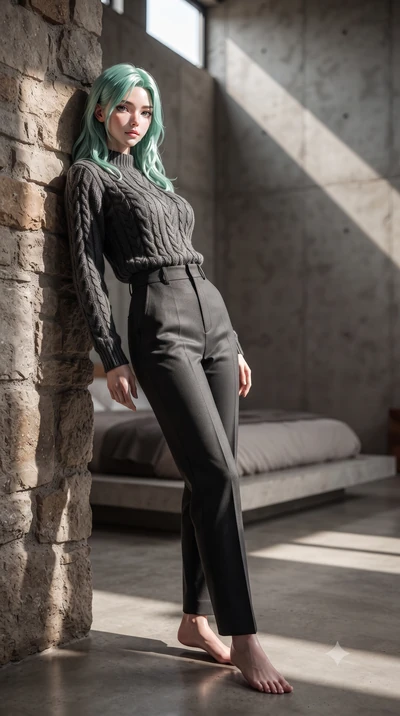score_9, masterpiece, best quality, ultra-detailed, high-budget anime keyframe, editorial fashion photography, tasteful artistic composition, Japanese woman woman. low angle full-body shot from head to toe showing her feet, filling the entire 9:16 ve