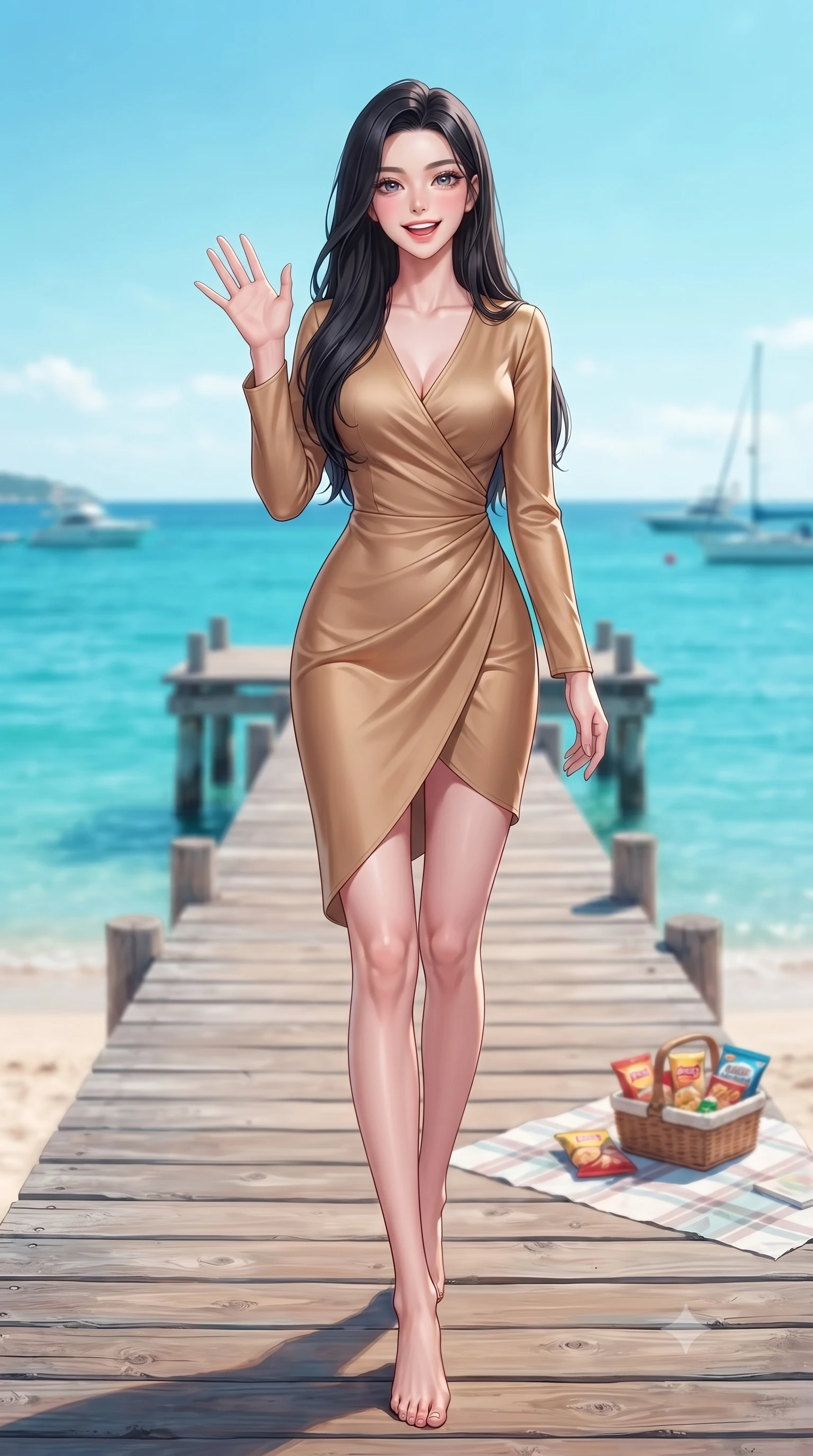 score_9, masterpiece, best quality, ultra-detailed, high-budget anime keyframe, editorial fashion photography, tasteful artistic composition, Korean woman. low angle full-body shot from head to toe showing her feet, filling the entire 9:16 vertical frame with her statuesque presence, stretching her vertical silhouette. stepping forward with a bright, cheerful smile, waving happily at the viewer set against a soft-focus background of on a scenic pier extending into a calm turquoise sea with views of boats with a basket of beach snacks and a picnic blanket on the sand. She has an absolutely perfect, statuesque 8.5-heads proportion, an exceptionally tall and slender model-like female figure with impossibly long slender legs and an ultra-slim waist. sharp v-shaped jawline, high-bridge nose, intricate jewel-like eyes with depth, thick eyelashes, glossy lips with a natural sheen. wearing slim-fit form-contouring silk wrap dress in camel, outlining her slender waist. cool morning daylight creating a fresh, energetic seaside atmosphere. highly saturated vibrant anime colors, detailed shading with soft gradients, rich glossy textures, high-contrast stereoscopic depth, volumetric dynamic lighting, master piece, 9:16 ratio
