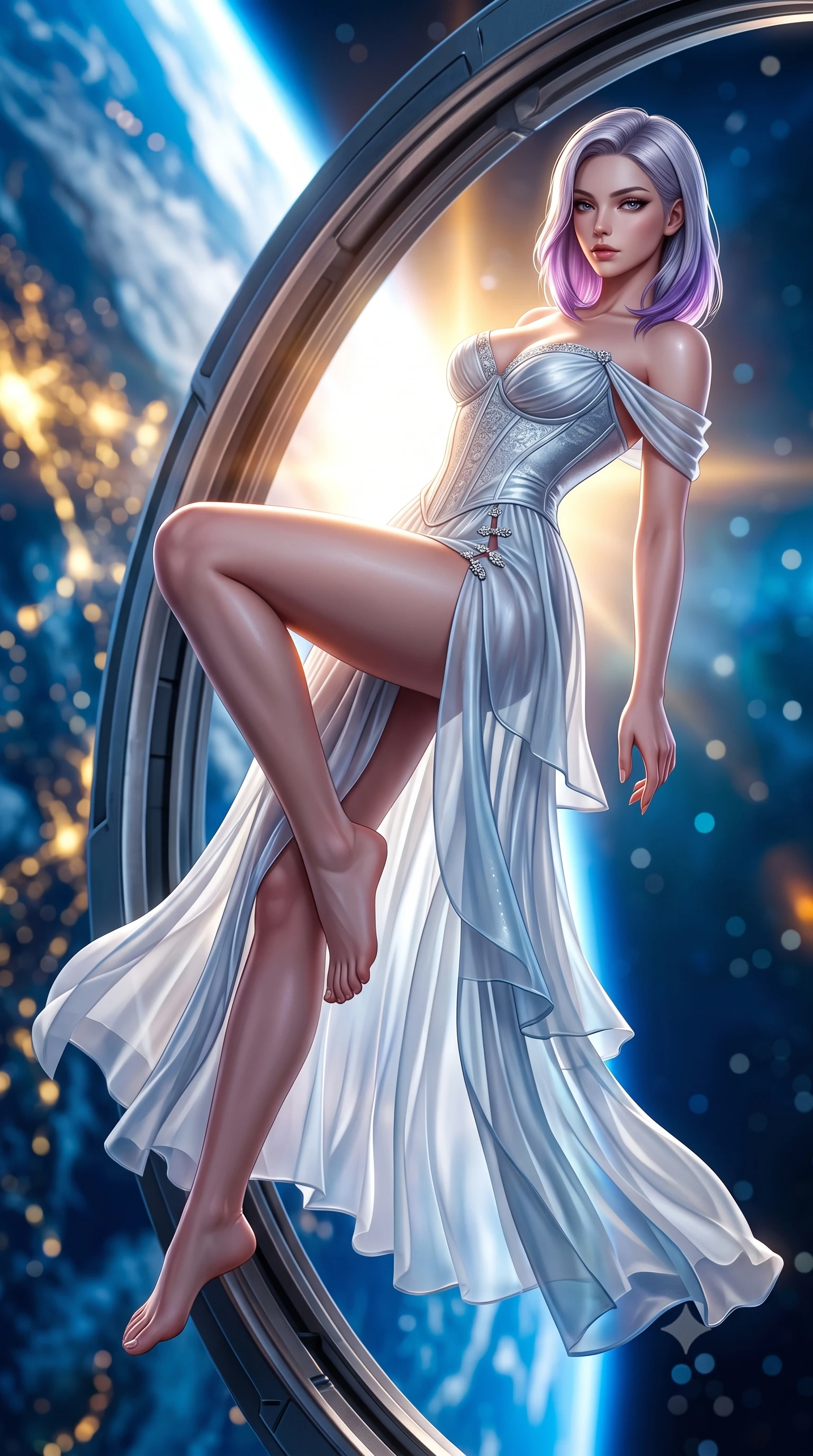 score_9, masterpiece, best quality, ultra-detailed, high-budget anime keyframe, semi-realistic 3D game render, editorial fashion photography, tasteful artistic composition, Caucasian woman. low angle full-body shot from head to toe showing her feet, filling the entire 9:16 vertical frame with her statuesque presence, stretching her vertical silhouette. reclining on her side in an elegant Cleopatra pose with one knee drawn up, the dramatic contour of her rounded hips and long slender legs commanding the 9:16 vertical frame while floating weightlessly beside an architectural titanium lounge ring, arching her spine in a fluid, dancer-like line as orbital sunrise floods her silhouette. The composition keeps background elements in soft focus with creamy bokeh. swirling blue Earth oceans and blinding orbital sunrise ribbons blurred into deep azure, liquid gold, and starlight diamond bokeh. She has an exceptionally tall and slender model-like 8.5-heads proportion, an ultra-slim waist, a flat toned midriff, narrow delicate ribcage, and beautifully sculpted feminine hips creating a graceful, slim hourglass silhouette without any bulky heaviness, with impossibly long slender legs. sharp v-shaped jawline, high-bridge nose, intricate jewel-like eyes with depth, thick eyelashes, glossy parted lips with a natural sheen, intensely captivating and seductive bedroom-eyes expression, flawlessly proportioned anatomical accuracy, strict slender model proportions, natural body alignment, perfectly sculpted long slender limbs, ultra-slim waistline, clean dynamic posture without body distortion. wearing an off-shoulder French court corset bodice dress paired with a tiered translucent chiffon slit skirt in liquid starlight silver and arctic glacier white, woven from layered gossamer chiffon with a weightless sweeping drape, finished with an ultra-high side slit secured by miniature jeweled clasps, the liquid-tight tailored fabric clinging flawlessly to her narrow waist and rounded feminine hips, emphasizing every millimeter of her sculpted slim hourglass curves without any bulky heaviness. surrounded by a celestial, sovereign, and breathlessly magnificent orbital empress aura. highly saturated vibrant anime colors, detailed shading with soft gradients, rich glossy textures, high-contrast stereoscopic depth, volumetric dynamic lighting, master piece, 9:16 ratio