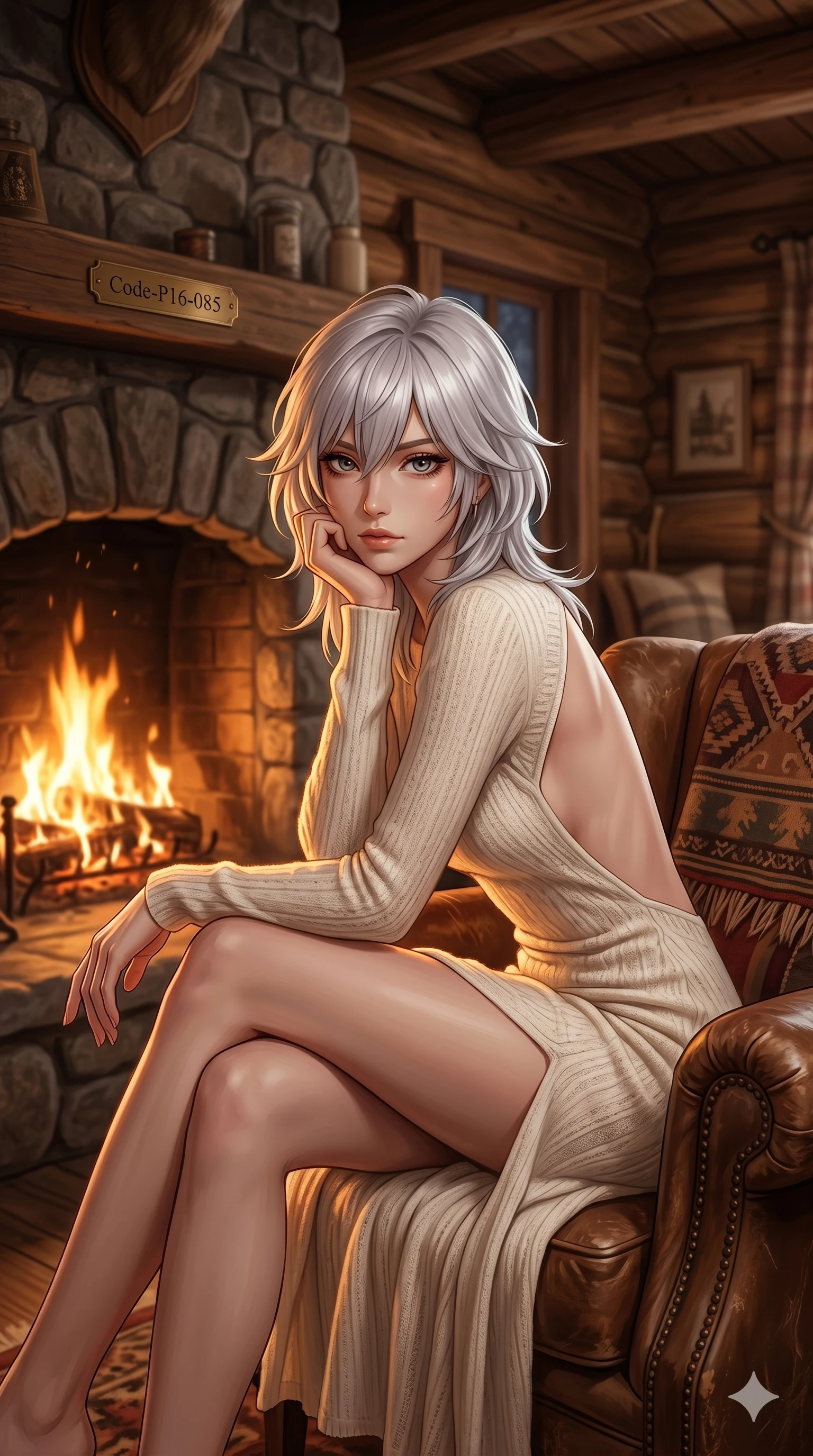 score_9, masterpiece, best quality, ultra-detailed, high-budget anime keyframe, editorial fashion photography, tasteful artistic composition, Japanese woman. cowboy shot from the thighs up, character and outfit filling the frame for maximum editorial presence. sitting near the fire, resting her chin on her hand, looking directly into the camera inside a cozy mountain log cabin with a stone fireplace (Code-P16-085). She has an absolutely perfect 8-heads proportion, an exceptionally tall and slender female figure with impossibly long slender legs and an ultra-slim waist. V-shaped jawline, high-bridge nose, intricate jewel-like eyes with depth, thick eyelashes, glossy lips with a natural sheen. wearing a soft cream-colored knit dress with an open-back design and a high leg slit. warm amber firelight casting dancing shadows and a soft golden glow over her features. 2k, ultra detail, master piece, 9:16 ratio
