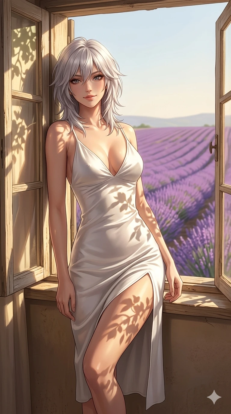 score_9, masterpiece, best quality, ultra-detailed, high-budget anime keyframe, editorial fashion photography, tasteful artistic composition, Japanese woman. cowboy shot from the thighs up, character and outfit filling the frame for maximum editorial presence. leaning against the wooden window frame, looking at the viewer with a soft, inviting smile inside a sunlit private bedroom overlooking a field of lavender (Code-P16-149). She has an absolutely perfect 8-heads proportion, an exceptionally tall and slender female figure with impossibly long slender legs and an ultra-slim waist. V-shaped jawline, high-bridge nose, intricate jewel-like eyes with depth, thick eyelashes, glossy lips with a natural sheen. wearing a white silk slip dress with a plunging V-neckline and a high side slit to mid-thigh. bathed in warm, golden afternoon sunbeams, casting soft organic leaf shadows on her skin. 2k, ultra detail, master piece, 9:16 ratio