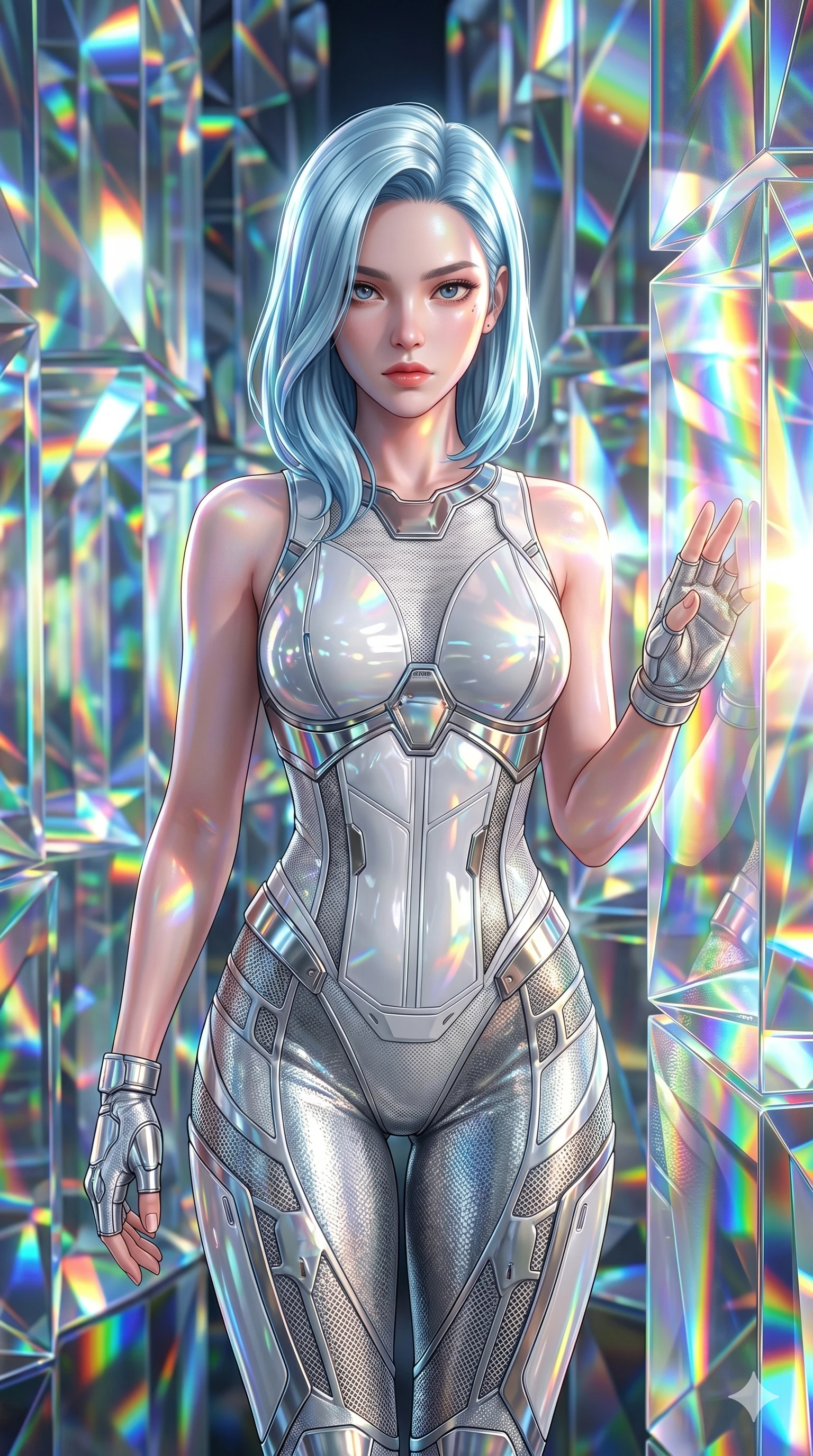 score_9, masterpiece, best quality, ultra-detailed, high-budget anime keyframe, semi-realistic 3D game render, Korean woman. Upper body close-up from the thighs up, character filling the screen for maximum presence. Standing in a labyrinth of giant prismatic glass blocks, touching a glass block, looking at the camera with an intense, curious gaze. She is wearing a structured cybernetic bodice in glossy vinyl panels and silver leggings. The scene is drenched in blindingly bright rainbow prismatic spotlights. 2k, ultra detail, master piece, 9:16 ratio