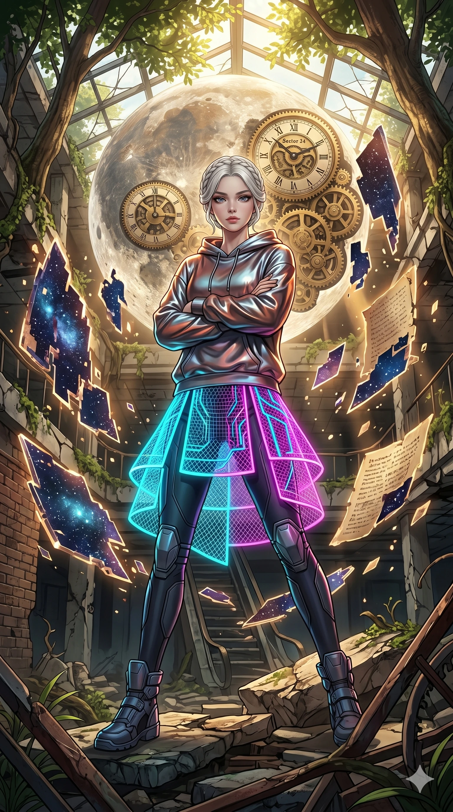 score_9, masterpiece, best quality, ultra-detailed, Set A: High-budget Anime Keyframe, Caucasian (human ears) woman. Low angle cowboy shot filling the entire 9:16 frame with her statuesque presence. Theme: Historical Remix. shattering the fabric of reality in a ruined overgrown shopping mall, with a massive clockwork moon ticking behind her as sector 34. The atmosphere is filled with cinematic sunlight through leaves. She has an absolutely perfect 8-heads proportion, an exceptionally tall and slender female figure with impossibly long slender legs and an ultra-slim waist. Sharp v-shaped jawline, high-bridge nose, intricate jewel-like eyes with depth, glossy lips. Wearing Cyber-rebel hoodie made of liquid-metal fabric with a neon-lit mesh skirt. Cinematic lighting, vivid colors, dramatic shadows, 2k, ultra detail, master piece, 9:16 ratio