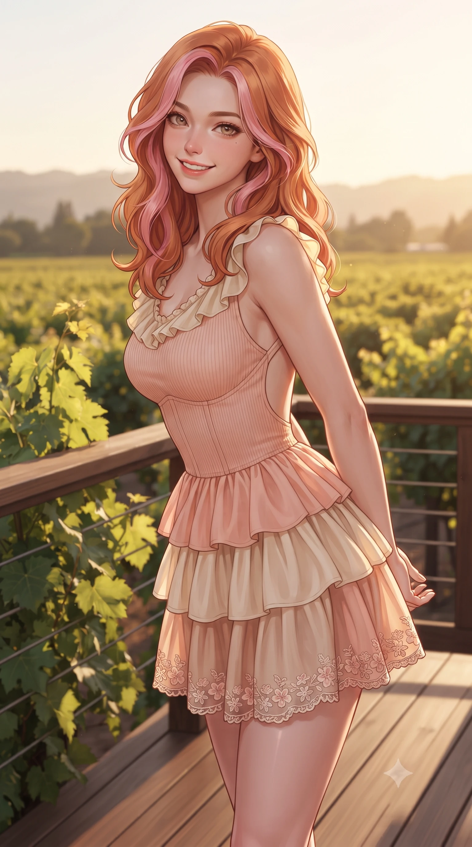 score_9, masterpiece, best quality, ultra-detailed, high-budget anime keyframe, editorial fashion photography, tasteful artistic composition, Caucasian woman. close-up cowboy shot from the waist and thighs up, the character dominates the composition, filling the frame with her large presence. resting both hands lightly behind her back while leaning toward the lens with a cheerful, teasing grin, her form-fitting outfit hugging her narrow waist and feminine hip curve while twisting her slender torso in an alluring S-curve in the evening breeze as golden rays stretch endlessly across the Napa valley. The surrounding environment is rendered in vivid detail and crisp panoramic clarity. sharp grapevine leaf textures, teak wood terrace plank grain, and wine glass condensation in deep focus. She has an exceptionally elegant, slender, and willowy female figure with an ultra-slim waist, flat toned midriff, narrow ribcage, and sculpted feminine hips creating an alluring, slim hourglass silhouette without bulk. sharp v-shaped jawline, high-bridge nose, intricate jewel-like sparkling eyes with depth, thick eyelashes, glossy parted lips with a natural peach sheen, bright cheerful beaming smile with an enchanting and coquettish sensual glint, exuding both youthful cute charm and seductive allure, flawlessly proportioned anatomical accuracy, strict slender model proportions, natural body alignment, perfectly sculpted long slender limbs, ultra-slim waistline, clean dynamic posture without body distortion. wearing a tiered ruffled chiffon mini dress with a fitted corseted waist and open back in pastel peach blossom pink and warm champagne ivory, formed from supple second-skin stretch ribbed knit clinging to her form, complemented by delicate embroidered floral trim along the hem, the precision-cut side openings and low-back scoop framing her graceful spine and the sensual sweep of her slim, toned hips. illuminated by warm timber deck bounce light sharply defining her sculpted collarbones, ultra-slim waist, and curvy hips. ultra-reflective glossy finish, specular highlights, rich textural contrasts, high-contrast stereoscopic depth, volumetric dynamic lighting, 2k, ultra detail, master piece, 9:16 ratio