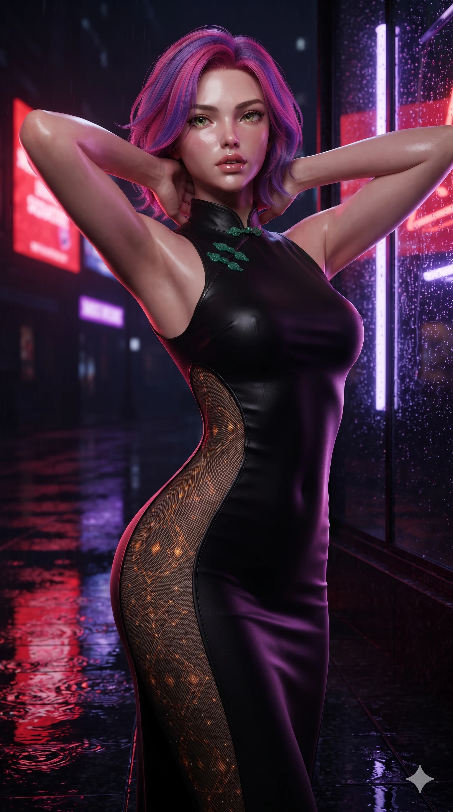 score_9, masterpiece, best quality, ultra-detailed, high-budget anime keyframe, editorial fashion photography, tasteful artistic composition, Caucasian woman. close-up cowboy shot from the waist and thighs up, the character dominates the composition, filling the frame with her large presence. resting both hands lightly behind her neck with elbows raised, arching her spine to highlight her narrow waist, flat midriff, and breathtaking collarbones while twisting her slender torso in an alluring contrapposto, vibrant scarlet and violet billboard reflections tracing her flat midriff and hourglass curves. The surrounding environment is rendered in vivid detail and crisp panoramic clarity: sharp water puddle reflection ripples on black granite tiles, crisp raindrop speculars on glass, and neon tube glass details in deep focus. She has an exceptionally elegant, slender, and willowy female figure with an ultra-slim waist, flat toned midriff, narrow ribcage, and sculpted feminine hips creating an alluring, slim hourglass silhouette without bulk. sharp v-shaped jawline, high-bridge nose, intricate jewel-like sparkling eyes with depth, thick eyelashes, glossy parted lips with a natural sheen, intensely captivating and seductive bedroom-eyes expression, exuding both youthful cute charm and sovereign luxury allure, flawlessly proportioned anatomical accuracy, strict slender model proportions, natural body alignment, perfectly sculpted long slender limbs, ultra-slim waistline, clean dynamic posture without body distortion. wearing a second-skin black silk jersey maxi dress with asymmetrical sheer mesh side panels tracing the full curve of her hip in cosmic eclipse amber and starlight diamond, crafted from bespoke double-faced cashmere with an exceptionally soft tactile finish, finished with sleek jade frog closures glinting along her high collar, the bespoke structured tailoring following the natural line of her 8.5-heads silhouette with refined elegance. illuminated by rain puddle bounce and sharp scarlet-violet rim lights sculpting her razor-sharp jawline, narrow waist, and curvy hips. ultra-reflective glossy finish, specular highlights, rich textural contrasts, high-contrast stereoscopic depth, volumetric dynamic lighting, 2k, ultra detail, master piece, 9:16 ratio