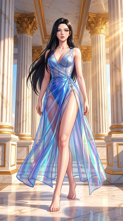 score_9, masterpiece, best quality, ultra-detailed, high-budget anime keyframe, semi-realistic 3D game render, editorial fashion photography, tasteful artistic composition, Korean woman. low angle full-body shot from head to toe showing her feet, fil