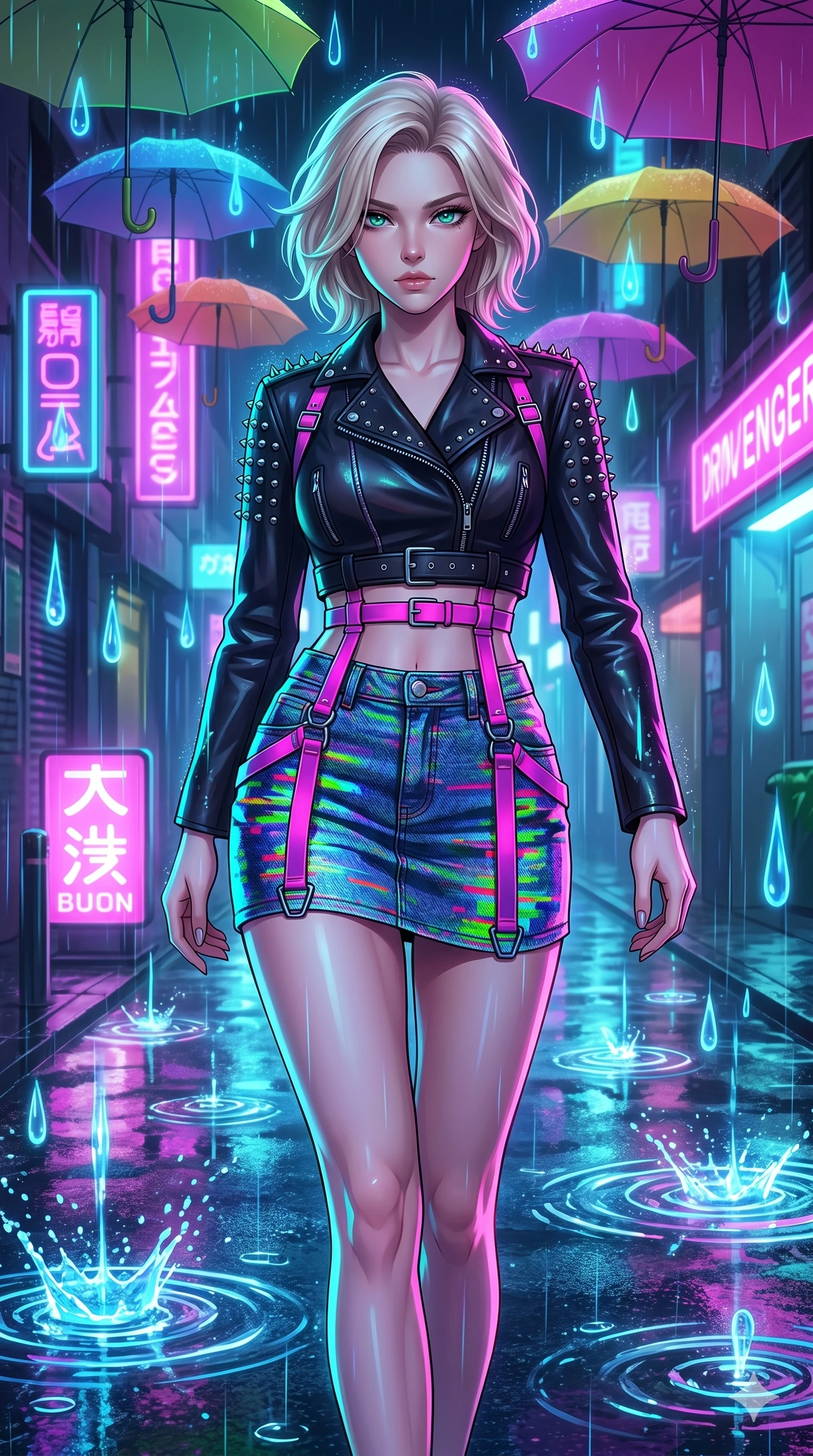 score_9, masterpiece, best quality, ultra-detailed, high-budget anime keyframe, Japanese woman. upper body close-up from the thighs up, character filling the screen for maximum presence. navigating a wet neon-lit future street under colorful floating umbrellas as translucent neon raindrops fall, creating brilliant splash ripples. She has an absolutely perfect 8-heads proportion, an exceptionally tall and slender female figure with impossibly long slender legs and an ultra-slim waist. V-shaped jawline, high-bridge nose, intricate jewel-like eyes with depth, thick eyelashes, glossy lips with a natural sheen.. wearing a glitch denim and studded leather outfit, featuring an RGB glitch pattern denim micro-skirt, a single-sleeve cropped leather jacket, and neon pink harness straps. bathed in brilliant cinematic volumetric lighting and intense neon rim light highlighting her slender form. 2k, ultra detail, master piece, 9:16 ratio