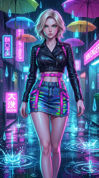 score_9, masterpiece, best quality, ultra-detailed, high-budget anime keyframe, Japanese woman. upper body close-up from the thighs up, character filling the screen for maximum presence. navigating a wet neon-lit future street under colorful floating
