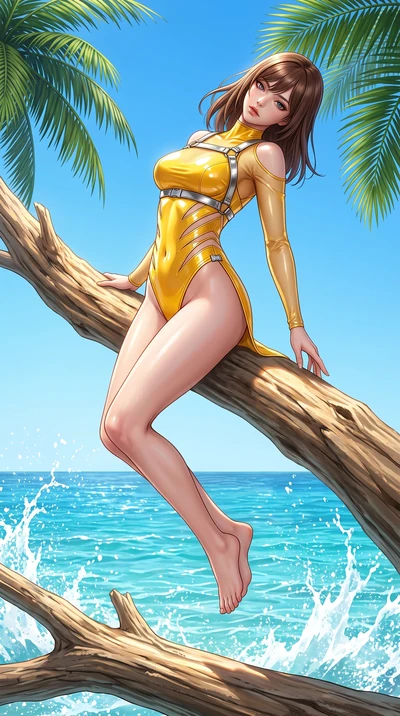 score_9, masterpiece, best quality, ultra-detailed, high-budget anime keyframe, semi-realistic 3D game render, editorial fashion photography, tasteful artistic composition, Korean woman. low angle full-body shot from head to toe showing her feet, fil