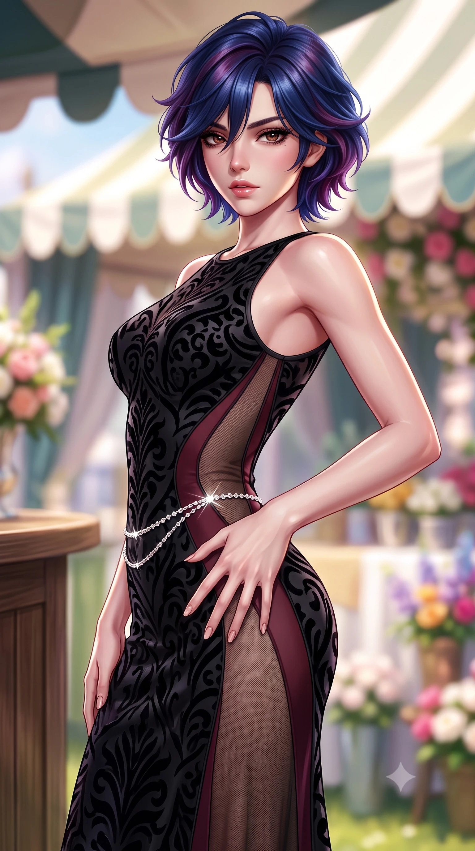 score_9, masterpiece, best quality, ultra-detailed, high-budget anime keyframe, semi-realistic 3D game render, editorial fashion photography, tasteful artistic composition, Korean woman. close-up cowboy shot from the waist and thighs up, the character dominates the composition, filling the frame with her large presence. arching her spine backward with effortless dancer poise, one hand sliding along her hip line as directional light carves specular highlights along her silhouette while twisting her slender torso in an assertive contrapposto stance beside the private turf bar, her form-contouring riding suit sculpting her feminine hourglass lines. The composition keeps background elements in soft focus with creamy bokeh. striped marquee canvas awnings and floral pavilion displays softened in bright glamorous shallow focus. She has an exceptionally elegant, slender, and willowy female figure with an ultra-slim waist, flat toned midriff, narrow ribcage, and sculpted feminine hips creating an alluring, slim hourglass silhouette without bulk. sharp v-shaped jawline, high-bridge nose, intricate jewel-like eyes with depth, thick eyelashes, glossy parted lips with a natural sheen, intensely captivating and seductive bedroom-eyes expression, flawlessly proportioned anatomical accuracy, strict slender model proportions, natural body alignment, perfectly sculpted long slender limbs, ultra-slim waistline, clean dynamic posture without body distortion. wearing a second-skin black silk jersey maxi dress with asymmetrical sheer mesh side panels tracing the full curve of her hip in deep wine burgundy and antique bronze, made of sheer contouring power-mesh with velvet flocking patterns, accented with a dainty diamond waist chain catching the ambient light reflections, the glove-like aerodynamic silhouette tightly following the natural contour of her hips and long slender legs with statuesque 8.5-heads elegance. illuminated by sharp specular highlights carving her sculpted collarbones, flat toned midriff, and rounded hips. highly saturated vibrant anime colors, detailed shading with soft gradients, rich glossy textures, high-contrast stereoscopic depth, volumetric dynamic lighting, master piece, 9:16 ratio