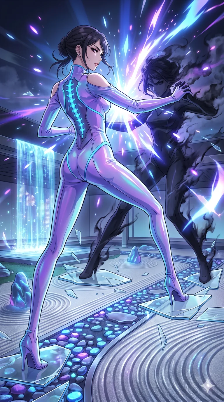 score_9, masterpiece, best quality, ultra-detailed, High-budget Anime Keyframe, vibrant colors, fluid line-art, expressive lighting, cinematic composition, Ufotable-style visual effects, top-tier animation quality, Japanese woman with delicate and elegant anime-inspired features. Wide-angle low shot emphasizing her impossibly long slender legs and commanding stature. Engaging in a fierce duel with a shadowy mirror version of herself on a platform of floating glass shards. She has an absolutely perfect 8-heads proportion, an exceptionally tall and slender female figure with impossibly long slender legs and an ultra-slim waist, her statuesque height and towering silhouette dominating the vertical 9:16 frame. Her face is a masterpiece featuring a sharp v-shaped jawline, high-bridge nose, intricate jewel-like eyes with depth, thick eyelashes, and glossy lips with a natural sheen. She is wearing a Futuristic pilot suit with an exposed midriff and a high-cut structural frame crafted from Iridescent vinyl with a futuristic sheen that shifts between violet and cyan, boasting shoulder cut-outs and a glowing spinal interface visible through the back. The scene is set in a serene Zen garden with metallic sand, glowing stones, and a holographic waterfall, illuminated by intense energy flares from her powers illuminating the scene with brilliant light. 2k, ultra detail, master piece, 9:16 ratio