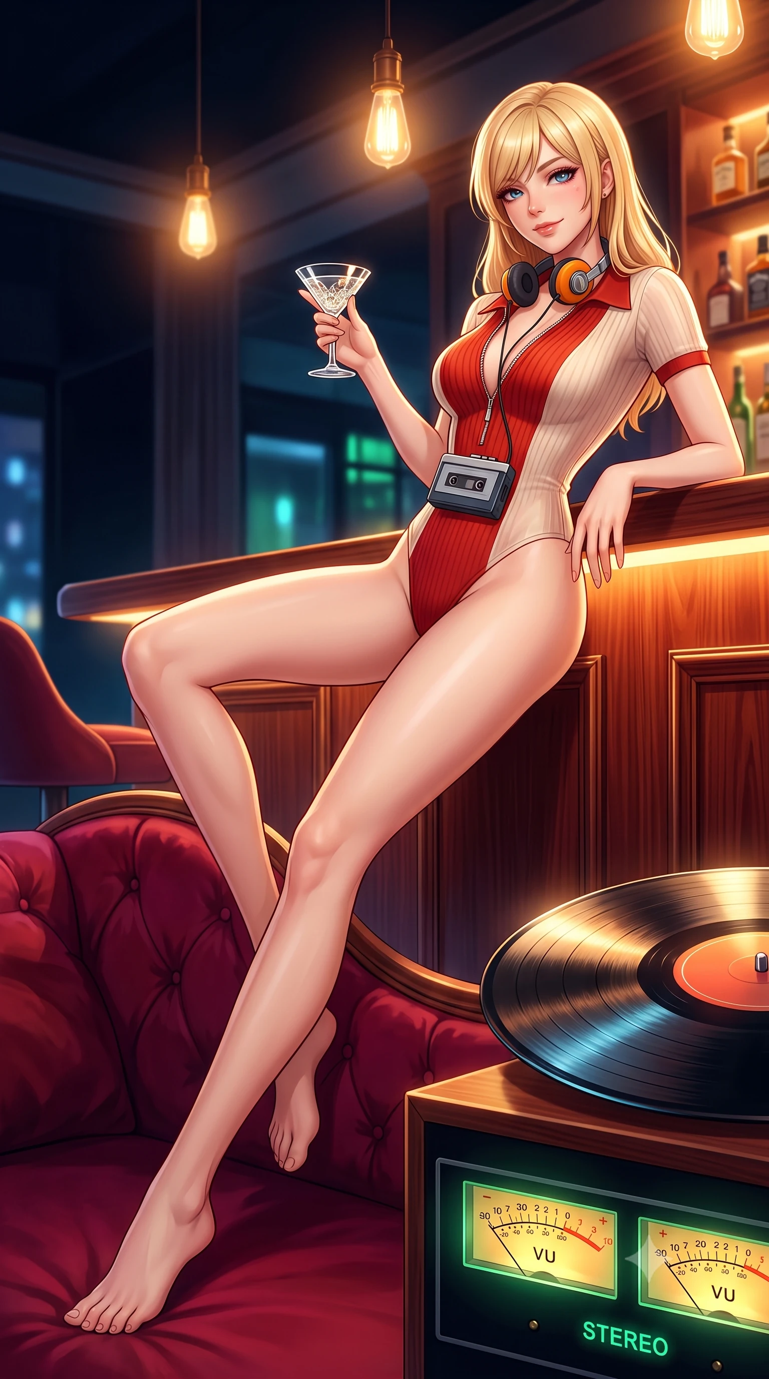 score_9, masterpiece, best quality, ultra-detailed, high-budget anime keyframe, semi-realistic 3D game render, editorial fashion photography, tasteful artistic composition, Caucasian woman. low angle full-body shot from head to toe showing her feet, filling the entire 9:16 vertical frame with her statuesque presence, stretching her vertical silhouette. reclining gracefully across the plush chaise lounge with one leg extended, her sculpted silhouette and flat midriff radiating magnetic nocturnal glamour while leaning against the illuminated wooden bar counter with hips cocked back, holding a cocktail glass while casting a smoldering half-smile. The surrounding environment is rendered in vivid detail and crisp panoramic clarity: sharp vinyl record groove sheen, analog stereo VU meter needle clarity, and polished mahogany bar grain in deep focus. She has an absolutely perfect, statuesque 8.5-heads proportion, an exceptionally tall and slender model-like female figure with impossibly long slender legs, an ultra-slim waist, a flat toned midriff, narrow delicate ribcage, and beautifully sculpted feminine hips creating a graceful, slim hourglass silhouette without any bulky heaviness. sharp v-shaped jawline, high-bridge nose, sparkling eyes with hypnotic seductive depth, thick curled eyelashes, glossy parted lips with a natural dewy peach sheen, alluring bedroom-eyes with an enchanting coquettish smile, exuding magnetic siren charisma and sophisticated glamour, flawlessly proportioned anatomical accuracy, strict slender model proportions, natural body alignment, perfectly sculpted long slender limbs, ultra-slim waistline, clean dynamic posture without body distortion. wearing a retro-chic ribbed knit polo bodysuit with a plunging front zipper and high-cut leg openings in royal vermilion crimson and pale ivory silk, made of sheer gossamer chiffon that drapes softly against skin with airy translucence, complemented by a retro cassette walkman with vintage foam-padded orange headphones, the form-contouring silhouette accentuating her sculpted flat midriff, narrow delicate ribcage, and gracefully curvy hips with intoxicating allure. bathed in warm incandescent pendant lighting and glowing green-and-amber stereo VU meter backlights. highly saturated vibrant anime colors, detailed shading with soft gradients, rich glossy textures, high-contrast stereoscopic depth, volumetric dynamic lighting, master piece, 9:16 ratio
