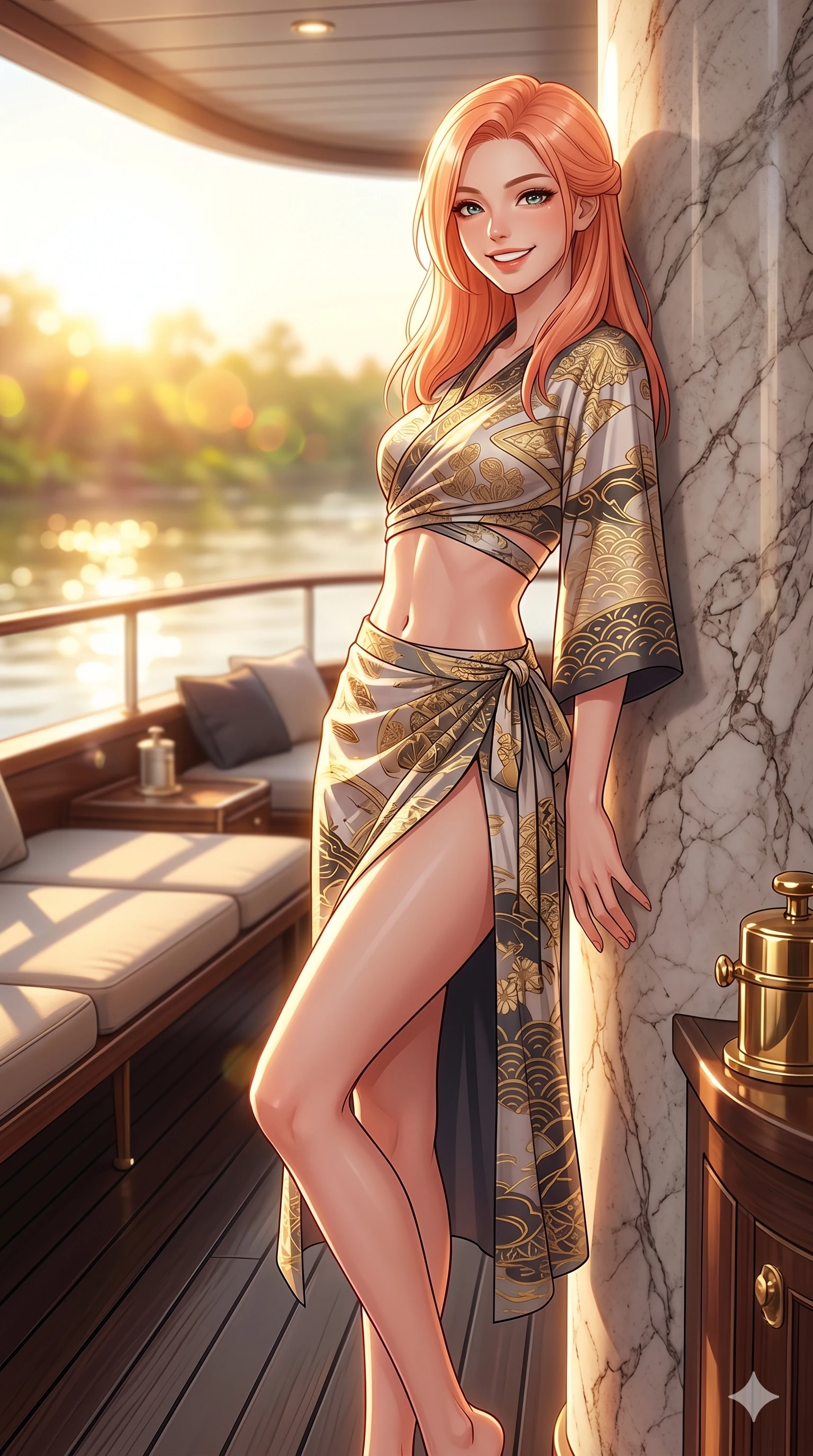 score_9, masterpiece, best quality, ultra-detailed, high-budget anime keyframe, vibrant anime aesthetic, Japanese woman. cowboy shot from the thighs up, character and outfit filling the frame for maximum presence. She is leaning against a marble pillar, casting a lively, smiling gaze at the lens on the deck of a luxury riverboat in the morning (Code-P20-088). She has an absolutely perfect 8-heads proportion, an exceptionally tall and slender female figure with impossibly long slender legs and an ultra-slim waist. V-shaped jawline, high-bridge nose, intricate jewel-like eyes with depth, thick eyelashes, glossy lips with a natural sheen. wearing a fusion top with an exposed waist and high-slit wrap skirt. She is bathed in a luminous, warm sunshine highlighting her sleek silhouette and features. 2k, ultra detail, master piece, 9:16 ratio