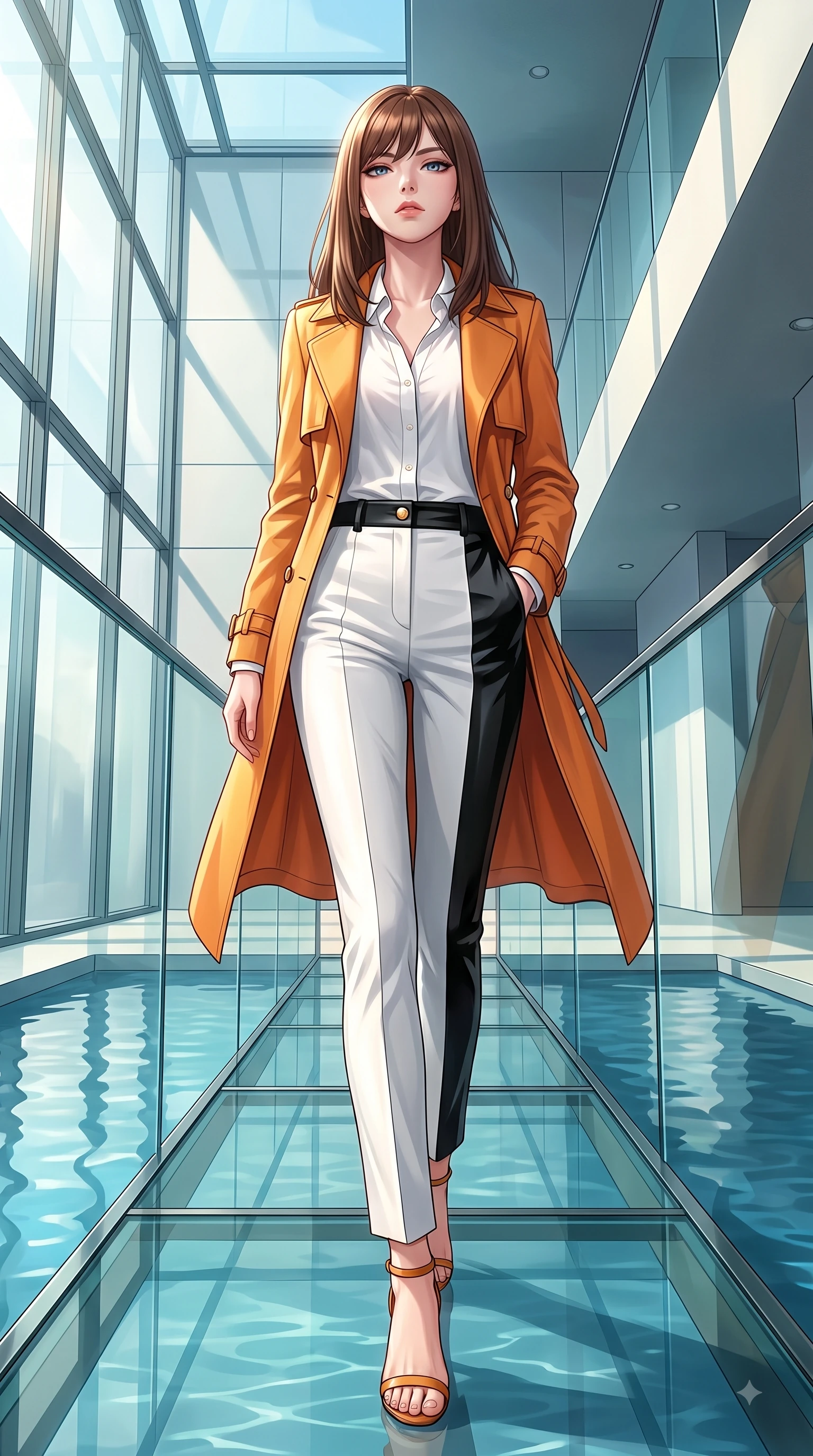score_9, masterpiece, best quality, ultra-detailed, high-budget anime keyframe, editorial fashion photography, tasteful artistic composition, Korean woman. low angle full-body shot from head to toe showing her feet, filling the entire 9:16 vertical frame with her statuesque presence, stretching her vertical silhouette. Haughty, chic expression with a poised chin-tilt and an aloof, magnetic gaze commanding attention while stepping gracefully along a glass bridge overlooking a sunlit indoor reflecting pool. The surrounding environment is rendered in vivid detail and crisp panoramic clarity. sleek minimalist interior design captured with high-contrast environmental precision. She has an absolutely perfect, statuesque 8.5-heads proportion, an exceptionally tall and slender model-like female figure with impossibly long slender legs and an ultra-slim waist. sharp v-shaped jawline, high-bridge nose, intricate jewel-like eyes with depth, thick eyelashes, glossy lips with a natural sheen, flawlessly proportioned anatomical accuracy, natural body alignment, perfectly sculpted elegant limbs, clean dynamic posture without body distortion. wearing a stylish sunset amber trench coat over a crisp white shirt and tailored trousers in monochrome white and glossy black contrast, crafted from soft breathable Italian linen, finished with gold metallic hardware buttons along the front, the tailored fit highlighting her statuesque and model-like silhouette. bathed in crisp, high-contrast sunlight filtering through geometric glass panes. highly saturated vibrant anime colors, detailed shading with soft gradients, rich glossy textures, high-contrast stereoscopic depth, volumetric dynamic lighting, master piece, 9:16 ratio