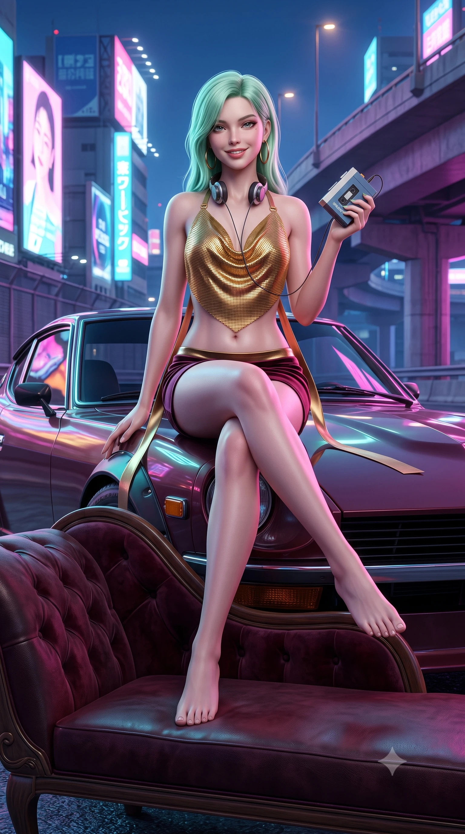 score_9, masterpiece, best quality, ultra-detailed, high-budget anime keyframe, semi-realistic 3D game render, editorial fashion photography, tasteful artistic composition, Japanese woman. low angle full-body shot from head to toe showing her feet, filling the entire 9:16 vertical frame with her statuesque presence, stretching her vertical silhouette. reclining gracefully across the plush chaise lounge with one leg extended, her sculpted silhouette and flat midriff radiating magnetic nocturnal glamour while perched casually on the hood of the classic sports car with legs crossed, holding a cassette player while flashing a confident, teasing smile. The surrounding environment is rendered in vivid detail and crisp panoramic clarity: detailed leatherette/lamé fabric weave, metallic hoop earring shine, and late-80s highway infrastructure in razor-sharp precision. She has an absolutely perfect, statuesque 8.5-heads proportion, an exceptionally tall and slender model-like female figure with impossibly long slender legs, an ultra-slim waist, a flat toned midriff, narrow delicate ribcage, and beautifully sculpted feminine hips creating a graceful, slim hourglass silhouette without any bulky heaviness. sharp v-shaped jawline, high-bridge nose, sparkling eyes with hypnotic seductive depth, thick curled eyelashes, glossy parted lips with a natural dewy peach sheen, alluring bedroom-eyes with an enchanting coquettish smile, exuding magnetic siren charisma and sophisticated glamour, flawlessly proportioned anatomical accuracy, strict slender model proportions, natural body alignment, perfectly sculpted long slender limbs, ultra-slim waistline, clean dynamic posture without body distortion. wearing a liquid gold chainmail cowl halter top paired with an ultra-low-rise velvet mini skirt in smoky bordeaux wine and gilded bronze, crafted from wet-look high-gloss vinyl fabric with dazzling specular surface reflections, finished with long silk ribbon ties fluttering down her bare spine from a backless halter, the precision-cut side openings and low-back scoop framing her graceful spine and the sensual sweep of her slim, toned hips. bathed in dynamic dual-tone neon lighting spilling from towering Japanese billboard displays. highly saturated vibrant anime colors, detailed shading with soft gradients, rich glossy textures, high-contrast stereoscopic depth, volumetric dynamic lighting, master piece, 9:16 ratio