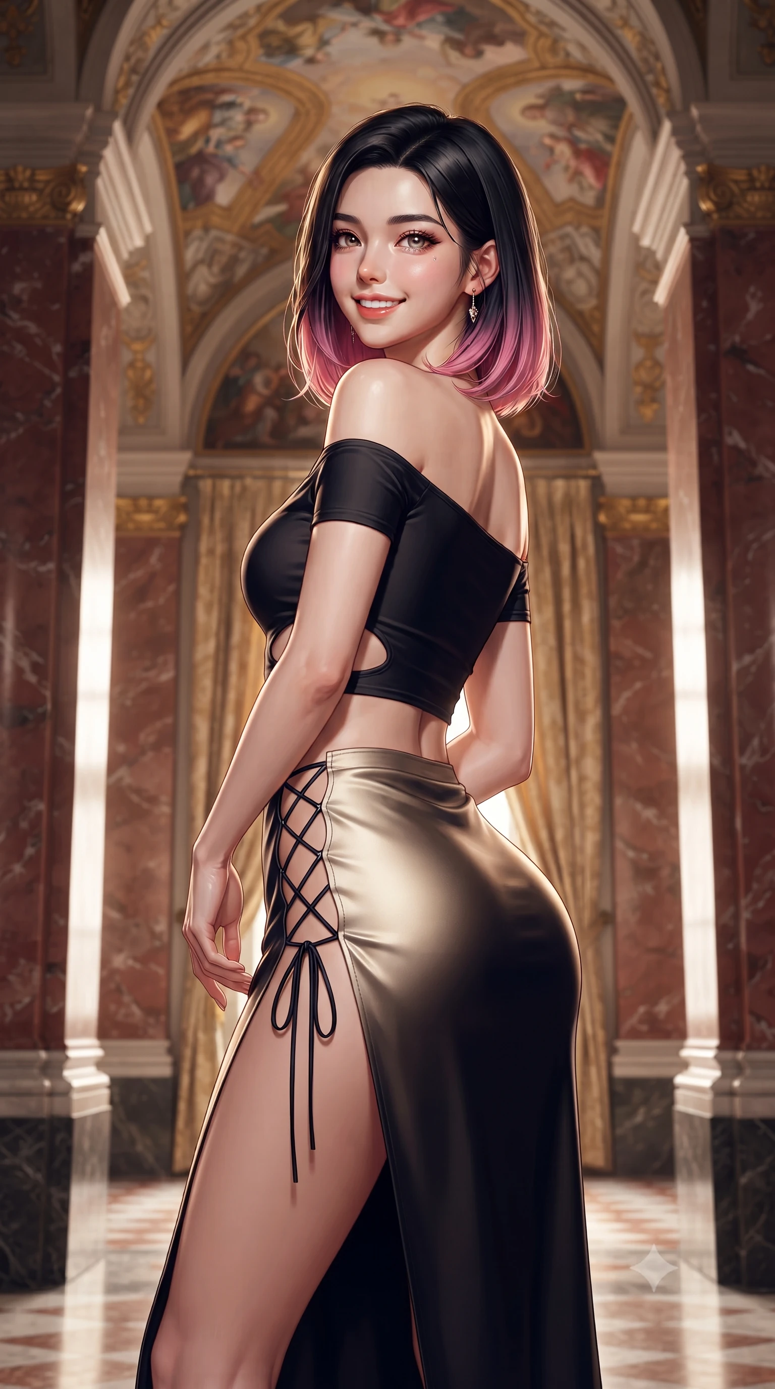 score_9, masterpiece, best quality, ultra-detailed, high-budget anime keyframe, editorial fashion photography, tasteful artistic composition, Korean woman. close-up cowboy shot from the waist and thighs up, the character dominates the composition, filling the frame with her large presence. posing in an alluring rear three-quarter angle, looking over a bare shoulder with parted glossy lips, her hips cocked back to highlight her slim hourglass curve while standing poised between monumental fluted red marble pilasters beneath soaring painted Baroque fresco vaults, arching her lower back with aristocratic supermodel grace as gilded Klimt-style mosaic tesserae glitter in the evening light. The background shows a soft-focus flowing gold damask portiere curtains softened in Imperial Viennese palace shallow focus. She has an exceptionally elegant, slender, and willowy female figure with an ultra-slim waist, flat toned midriff, narrow ribcage, and sculpted feminine hips creating an alluring, slim hourglass silhouette without bulk. sharp v-shaped jawline, high-bridge nose, intricate jewel-like sparkling eyes with depth, thick eyelashes, glossy parted lips with a natural peach sheen, bright cheerful beaming smile with an enchanting and coquettish sensual glint, exuding both youthful cute charm and seductive allure, flawlessly proportioned anatomical accuracy, strict slender model proportions, natural body alignment, perfectly sculpted long slender limbs, ultra-slim waistline, clean dynamic posture without body distortion. wearing a provocative off-the-shoulder crop top with asymmetrical side-torso cutouts and a high-slit wrap skirt in deep midnight obsidian black and champagne gold, crafted from fluid liquid silk satin that clings smoothly to her narrow waist and rounded hips with a dewy sheen, featuring fine criss-cross lace-up side ties revealing tantalizing glimpses of her hip curve, the bespoke structured tailoring following the natural line of her 8.5-heads silhouette with refined elegance. illuminated by marble floor reflection bounce and sharp champagne-gold rim lights sculpting her razor-sharp jawline, narrow waist, and curvy hips. ultra-reflective glossy finish, specular highlights, rich textural contrasts, high-contrast stereoscopic depth, volumetric dynamic lighting, 2k, ultra detail, master piece, 9:16 ratio
