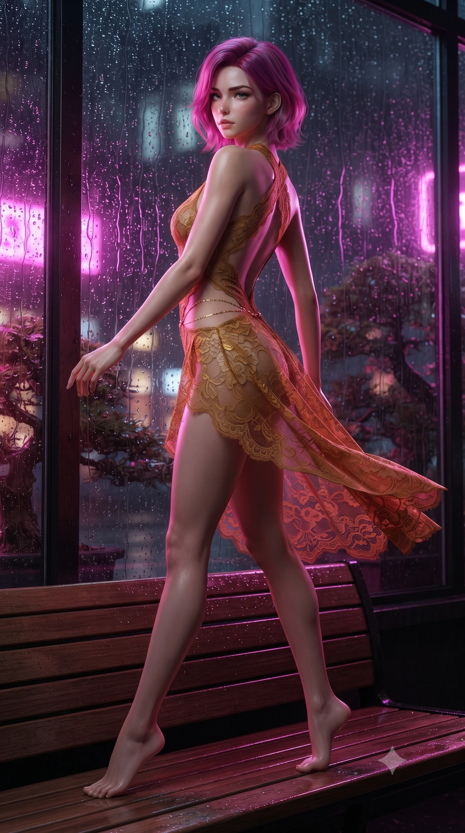 score_9, masterpiece, best quality, ultra-detailed, high-budget anime keyframe, editorial fashion photography, tasteful artistic composition, Caucasian woman. low angle full-body shot from head to toe showing her feet, filling the entire 9:16 vertical frame with her statuesque presence, stretching her vertical silhouette. executing a slow, graceful pivot turn as her skirt sways around her slender legs, glancing back with an enchanting, teasing sensual expression while twisting her slender torso in an alluring contrapposto stance, raindrops drumming on glass above as neon reflections wash over her curves. The surrounding environment is rendered in vivid detail and crisp panoramic clarity: sharp rain stream rivulets on glass, ancient bonsai bark textures, and glowing micro-fiber needle endpoints in deep focus. She has an absolutely perfect, statuesque 8.5-heads proportion, an exceptionally tall and slender model-like female figure with impossibly long slender legs, an ultra-slim waist, a flat toned midriff, narrow delicate ribcage, and beautifully sculpted feminine hips creating a graceful, slim hourglass silhouette without any bulky heaviness. sharp v-shaped jawline, high-bridge nose, sparkling eyes with hypnotic seductive depth, thick curled eyelashes, glossy parted lips with a natural dewy peach sheen, alluring bedroom-eyes with an enchanting coquettish smile, exuding magnetic siren charisma and sophisticated glamour, flawlessly proportioned anatomical accuracy, strict slender model proportions, natural body alignment, perfectly sculpted long slender limbs, ultra-slim waistline, clean dynamic posture without body distortion. wearing a criss-cross halterneck keyhole bodysuit with open back and sculpted waist darts in warm amber honey and antique gold leaf, made of delicate semi-sheer French Chantilly lace with intricate eyelash edges, accented with a dainty gold belly chain resting across her flat midriff and curving hips, the liquid-tight tailored fabric clinging flawlessly to her narrow waist and rounded feminine hips, emphasizing every millimeter of her sculpted slim hourglass curves without any bulky heaviness. illuminated by wet wooden bench reflections and sharp electric-magenta rim lights sculpting her jawline, flat midriff, and curvy hips. ultra-reflective glossy finish, specular highlights, rich textural contrasts, high-contrast stereoscopic depth, volumetric dynamic lighting, 2k, ultra detail, master piece, 9:16 ratio