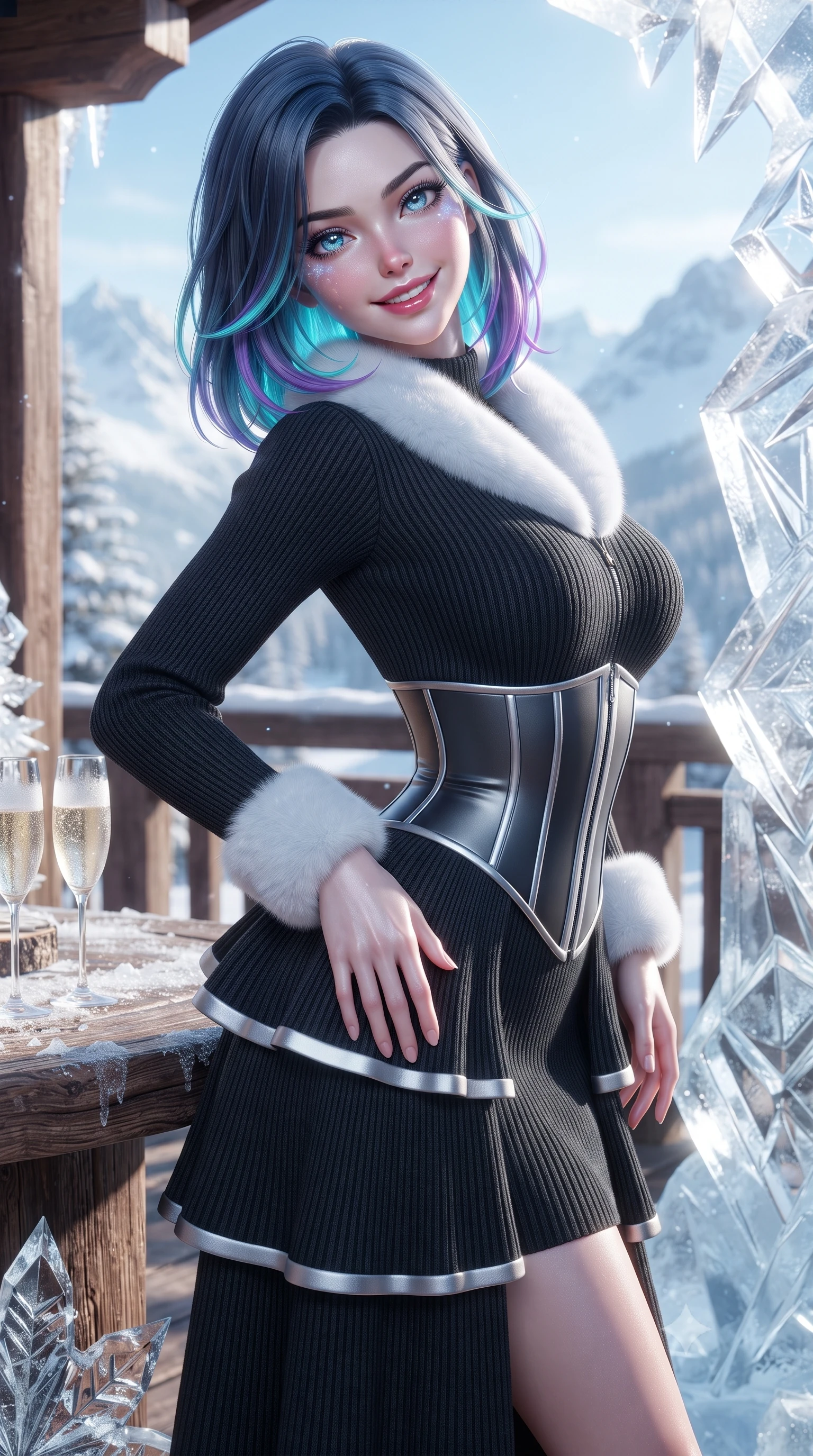 score_9, masterpiece, best quality, ultra-detailed, high-budget anime keyframe, editorial fashion photography, tasteful artistic composition, Caucasian woman. close-up cowboy shot from the waist and thighs up, the character dominates the composition, filling the frame with her large presence. tilting her head with a cute beaming smile while arching her spine with effortless dancer poise, one hand sliding along her hip line in a flirtatious S-curve while standing poised on the heated timber ski terrace, holding a frosted flute of vintage champagne while casting a confident, high-fashion gaze. The surrounding environment is rendered in vivid detail and crisp panoramic clarity. sharp carved ice crystalline facets, frost condensation on champagne flutes, and heated timber deck texture in deep focus. She has an exceptionally elegant, slender, and willowy female figure with an ultra-slim waist, flat toned midriff, narrow ribcage, and sculpted feminine hips creating an alluring, slim hourglass silhouette without bulk. sharp v-shaped jawline, high-bridge nose, sparkling ice-crystal eyes with depth, frosty thick lashes, glossy parted lips with a rosy berry sheen, bright playful smile with an intoxicating seductive glint, rosy flushed cheeks radiating cozy warmth and dangerous allure, flawlessly proportioned anatomical accuracy, strict slender model proportions, natural body alignment, perfectly sculpted long slender limbs, ultra-slim waistline, clean dynamic posture without body distortion. wearing a tiered semi-sheer chiffon and velvet ice-gown with an ultra-slim corseted waist in dark obsidian black and gleaming platinum, tailored from fine lightweight merino wool rib knit with structural contouring, finished with plush white faux-fur edging along the cuffs and collar, the form-contouring cut accentuating her sculpted flat midriff, narrow delicate ribcage, and gracefully curvy hips with alpine supermodel elegance. bathed in dazzling high-altitude alpine sunlight and subtle cyan ice-bar underlighting. ultra-reflective glossy finish, specular highlights, rich textural contrasts, high-contrast stereoscopic depth, volumetric dynamic lighting, 2k, ultra detail, master piece, 9:16 ratio
