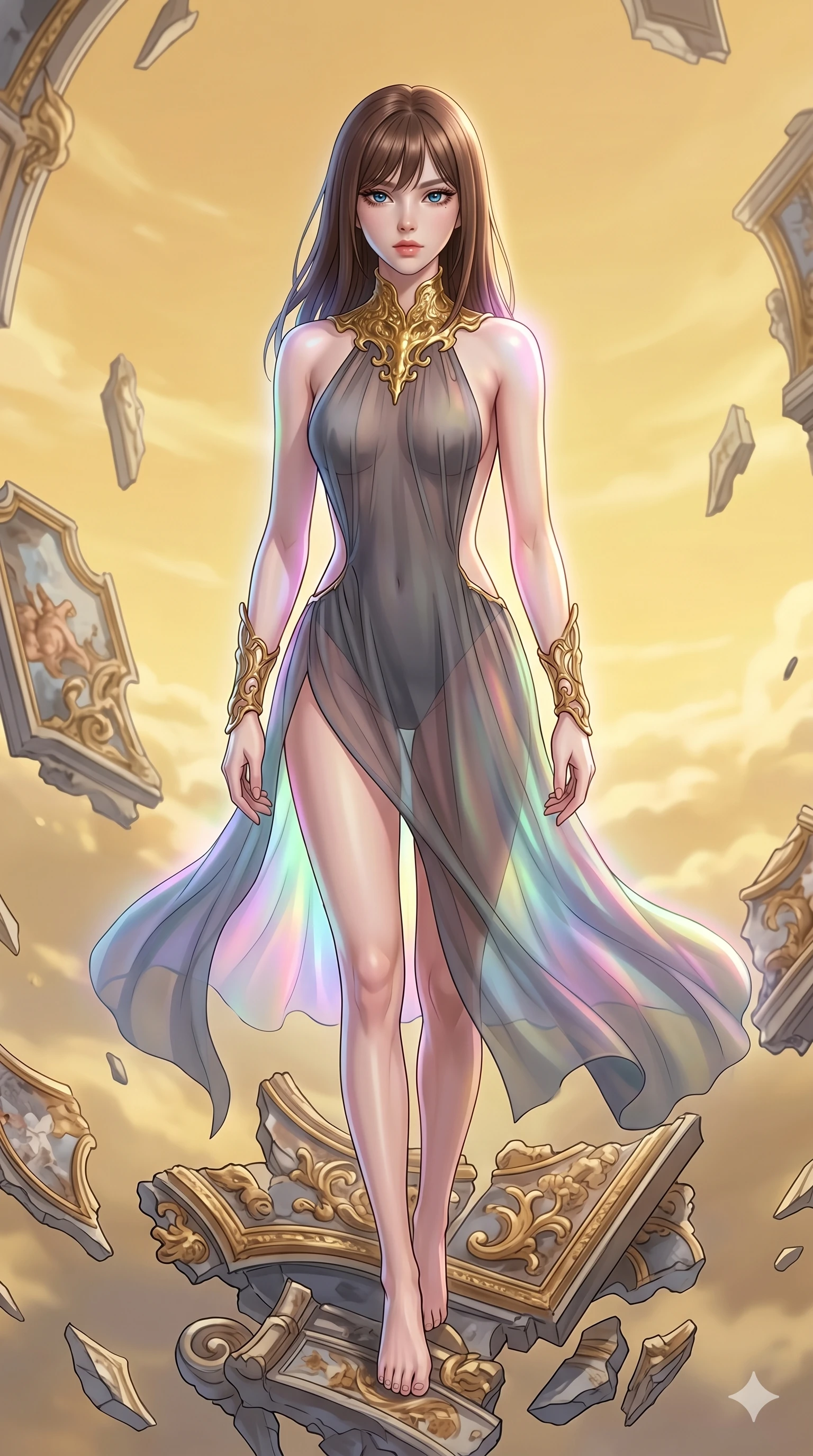 score_9, masterpiece, best quality, ultra-detailed, high-budget anime keyframe, Korean woman. upper body close-up from the thighs up, character filling the screen for maximum presence. propelling herself off digital baroque ceiling fresco shards that float and reassemble in a golden sky. She has an absolutely perfect 8-heads proportion, an exceptionally tall and slender female figure with impossibly long slender legs and an ultra-slim waist. V-shaped jawline, high-bridge nose, intricate jewel-like eyes with depth, thick eyelashes, glossy lips with a natural sheen.. wearing a molten gold and chiffon gown, featuring organic liquid gold collar and cuffs on a translucent charcoal-gray halter neck chiffon gown with a deep backless design. enhanced by a luminous pastel spectrum glow, casting elegant rim lights on her shoulders and jawline. 2k, ultra detail, master piece, 9:16 ratio
