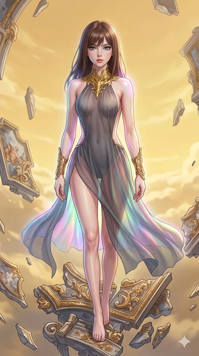 score_9, masterpiece, best quality, ultra-detailed, high-budget anime keyframe, Korean woman. upper body close-up from the thighs up, character filling the screen for maximum presence. propelling herself off digital baroque ceiling fresco shards that
