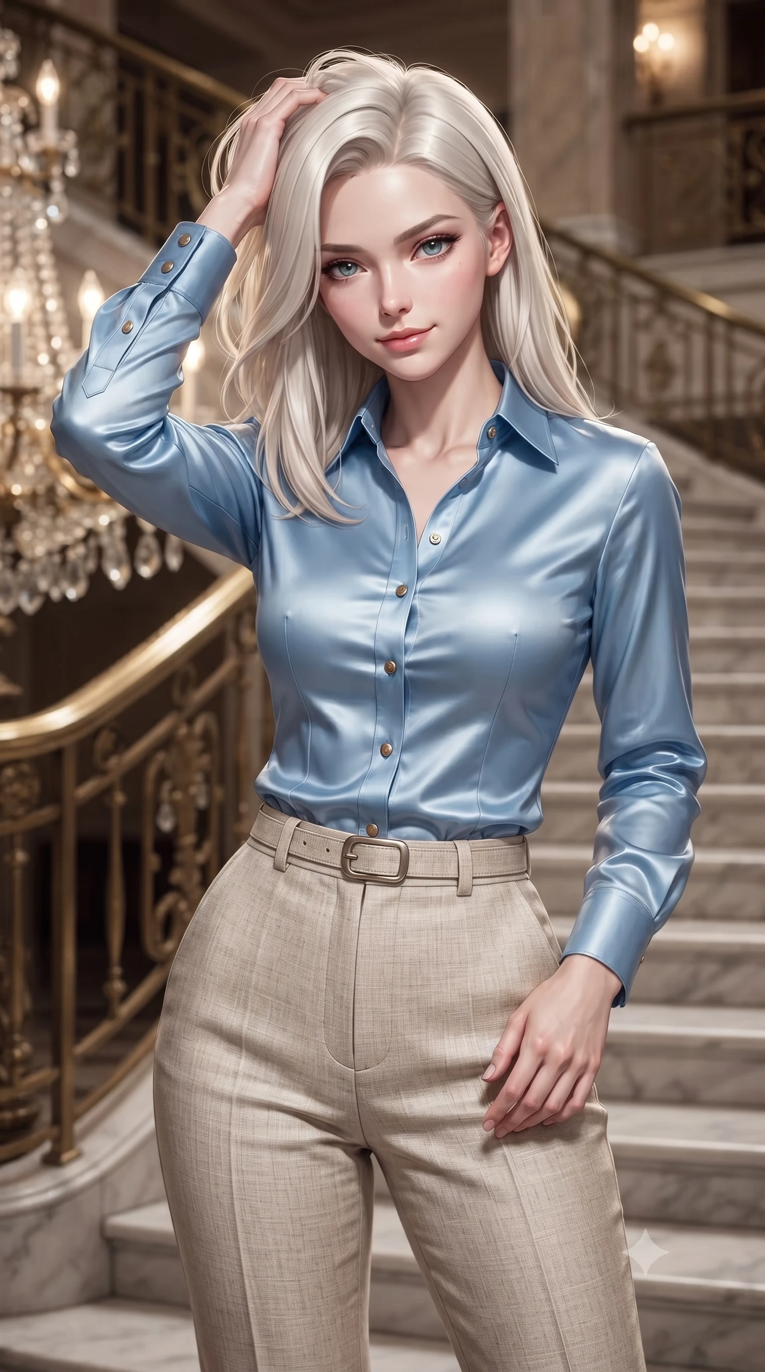 score_9, masterpiece, best quality, ultra-detailed, high-budget anime keyframe, editorial fashion photography, tasteful artistic composition, Caucasian woman. close-up cowboy shot from the waist and thighs up, the character dominates the composition, filling the frame with her large presence, background elements kept in soft focus. smiling with quiet, magnetic self-assurance directly into the camera, running a hand through her hair the background shows a soft-focus the grand staircase lobby of an opera house with brass railings and crystal details. She has an exceptionally elegant, slender, and willowy female figure with an ultra-slim waist, a gracefully sculpted slender torso, and a refined silhouette. sharp v-shaped jawline, high-bridge nose, intricate jewel-like eyes with depth, thick eyelashes, glossy lips with a natural sheen. wearing a slim-fit tailored sky blue button-down shirt tucked into high-waisted beige linen trousers. soft spotlighting highlighting the silk textures of her gown. ultra-reflective glossy finish, specular highlights, metallic sheen, high-contrast stereoscopic depth, volumetric dynamic lighting, 2k, ultra detail, master piece, 9:16 ratio