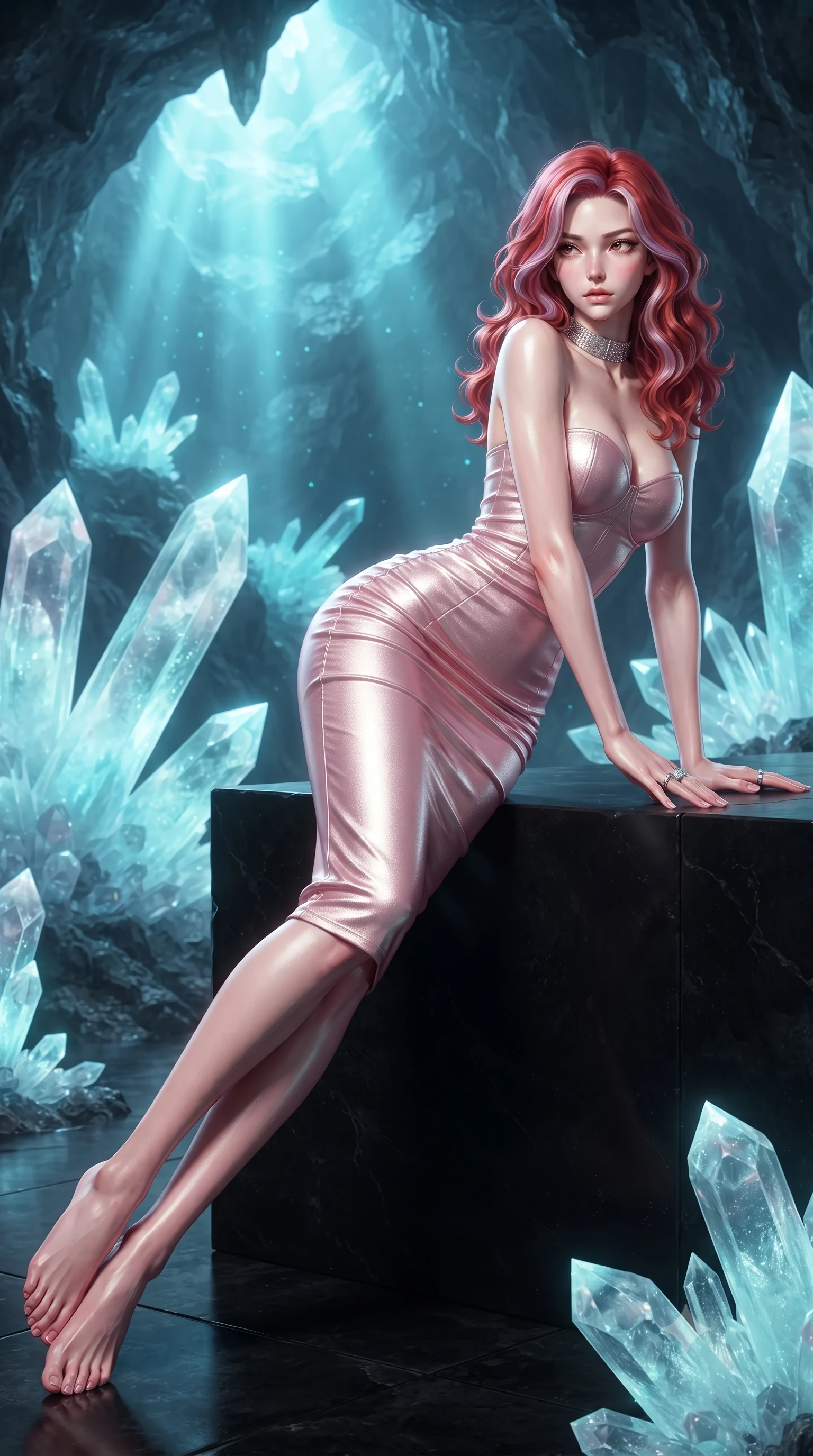 score_9, masterpiece, best quality, ultra-detailed, high-budget anime keyframe, editorial fashion photography, tasteful artistic composition, Caucasian woman. low angle full-body shot from head to toe showing her feet, filling the entire 9:16 vertical frame with her statuesque presence, stretching her vertical silhouette. executing an elegant mid-motion pivot turn as garments swirl around her slender limbs, glancing over her shoulder with an intoxicating bedroom-gaze while reclining across a black basalt viewing platform propped on one elbow, her slender waist and feminine curves sculpted by shimmering crystal refractions. The surrounding environment is rendered in vivid detail and crisp panoramic clarity. detailed liquid-tight fabric sheen, crystal specular reflections on skin, and underground cave clarity in high resolution. She has an exceptionally tall and slender model-like 8.5-heads proportion, an ultra-slim waist, a flat toned midriff, narrow delicate ribcage, and beautifully sculpted feminine hips creating a graceful, slim hourglass silhouette without any bulky heaviness, with impossibly long slender legs. sharp v-shaped jawline, high-bridge nose, intricate jewel-like eyes with depth, thick eyelashes, glossy parted lips with a natural sheen, intensely captivating and seductive bedroom-eyes expression, flawlessly proportioned anatomical accuracy, strict slender model proportions, natural body alignment, perfectly sculpted long slender limbs, ultra-slim waistline, clean dynamic posture without body distortion. wearing an ultra-fitted strapless bustier midi dress with side hip ruching and exposed spine in sakura blossom pink and warm ivory, crafted from luxurious metallic lamé that shifts radiance with every step, complemented by a bold geometric choker and sparkling cocktail ring, the liquid-tight tailored fabric clinging flawlessly to her narrow waist and rounded feminine hips, emphasizing every millimeter of her sculpted slim hourglass curves without any bulky heaviness. bathed in ethereal ice-blue and cyan spotlights filtering through massive translucent mineral crystals. ultra-reflective glossy finish, specular highlights, rich textural contrasts, high-contrast stereoscopic depth, volumetric dynamic lighting, 2k, ultra detail, master piece, 9:16 ratio