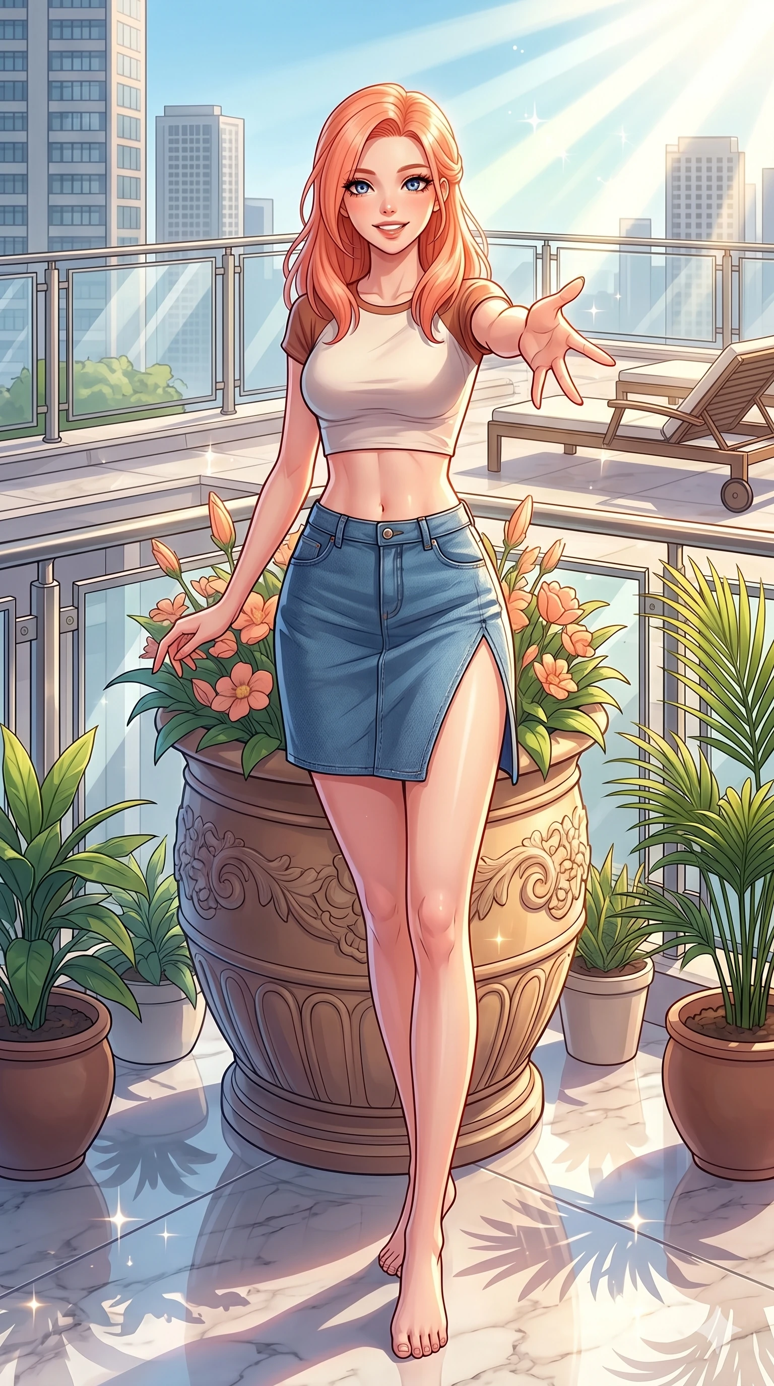 score_9, masterpiece, best quality, ultra-detailed, high-budget anime keyframe, vibrant anime aesthetic, Japanese woman. cowboy shot from the thighs up, character and outfit filling the frame for maximum presence. She is standing by a flower pot, smiling brightly while reaching out a hand playfully on a luxury hotel rooftop terrace under morning rays (Code-P20-084). She has an absolutely perfect 8-heads proportion, an exceptionally tall and slender female figure with impossibly long slender legs and an ultra-slim waist. V-shaped jawline, high-bridge nose, intricate jewel-like eyes with depth, thick eyelashes, glossy lips with a natural sheen. wearing a crop top with an exposed midriff and high-slit denim skirt. She is illuminated by direct, sparkling sunbeams reflecting off the polished marble floor. 2k, ultra detail, master piece, 9:16 ratio