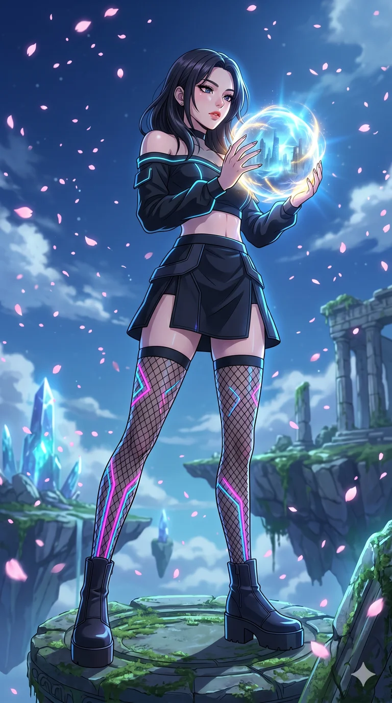 score_9, masterpiece, best quality, ultra-detailed, High-budget Anime Keyframe, vibrant colors, fluid line-art, expressive lighting, cinematic composition, Ufotable-style visual effects, top-tier animation quality, Korean woman with idol-like refined features. Dynamic full-body shot stretching the vertical silhouette, capturing her from a powerful low-angle perspective. Holding a glowing ancient orb that reveals a flickering vision of the future, its light illuminating her determined face. She has an absolutely perfect 8-heads proportion, an exceptionally tall and slender female figure with impossibly long slender legs and an ultra-slim waist, her statuesque height and towering silhouette dominating the vertical 9:16 frame. Her face is a masterpiece featuring a sharp v-shaped jawline, high-bridge nose, intricate jewel-like eyes with depth, thick eyelashes, and glossy lips with a natural sheen. She is wearing a Off-shoulder crop top paired with micro-skirts and thigh-high fishnet stockings crafted from Fluorescent mesh that glows brightly under neon light, highlighting her silhouette, with a dangerous high slit that showcases her impossibly long slender legs. The scene is set in an ancient floating island with pink cherry blossoms falling like snow against a blue sky, illuminated by ethereal moonlight filtering through a crystalline canopy, creating soft highlights. 2k, ultra detail, master piece, 9:16 ratio