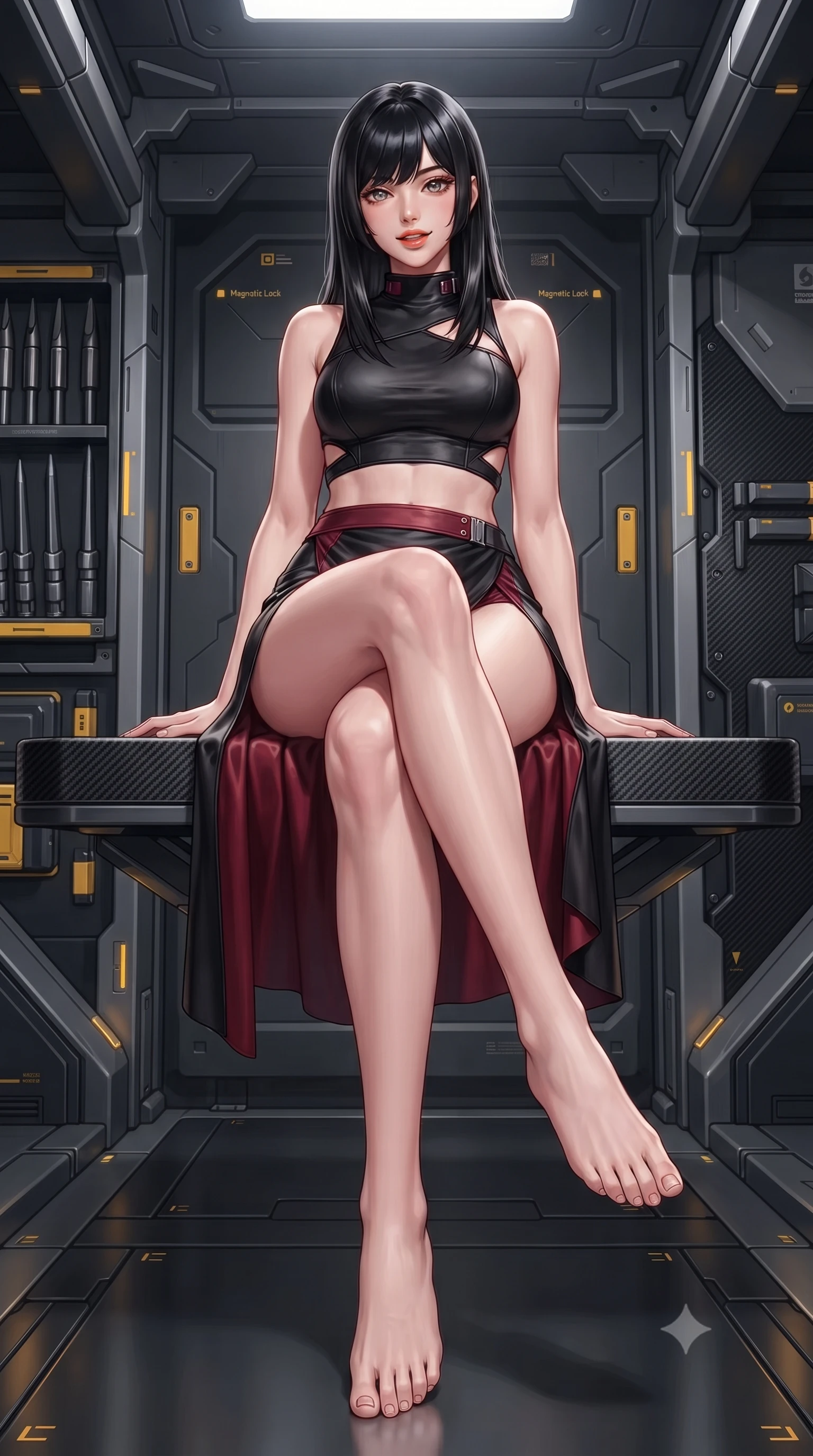score_9, masterpiece, best quality, ultra-detailed, high-budget anime keyframe, editorial fashion photography, tasteful artistic composition, Caucasian woman. low angle full-body shot from head to toe showing her feet, filling the entire 9:16 vertical frame with her statuesque presence, stretching her vertical silhouette. stepping slowly toward the camera with hypnotic grace, hips swaying in an alluring sensual rhythm that accentuates her curvy hourglass silhouette and long slender legs while sitting gracefully on the floating magnetic inspection platform with legs crossed, flashing a teasing smile with parted glossy lips. The surrounding environment is rendered in vivid detail and crisp panoramic clarity: sharp tungsten-carbide sabot penetrator tips, yellow magnetic lock indicators, and heavy carbon-fiber rack bulkheads in deep focus. She has an exceptionally tall and slender model-like 8.5-heads proportion, an ultra-slim waist, a flat toned midriff, narrow delicate ribcage, and beautifully sculpted feminine hips creating a graceful, slim hourglass silhouette without any bulky heaviness, with impossibly long slender legs. sharp v-shaped jawline, high-bridge nose, intricate jewel-like sparkling eyes with depth, thick eyelashes, glossy parted lips with a natural peach sheen, bright cheerful beaming smile with an enchanting and coquettish sensual glint, exuding both youthful cute charm and seductive allure, flawlessly proportioned anatomical accuracy, strict slender model proportions, natural body alignment, perfectly sculpted long slender limbs, ultra-slim waistline, clean dynamic posture without body distortion. wearing an alluring tactical crop top with asymmetrical side-rib cutouts and high-neck collar paired with a high-slit wrap skirt in Star-Fortress obsidian black and imperial crimson, woven from buttery-soft stretch lambskin leather adhering to her body like a second skin, finished with sleek magnetic buckle closures fluttering in the breeze, the bespoke structured tailoring following the natural line of her 8.5-heads silhouette with refined elegance. illuminated by dark titanium floor reflection bounce and sharp platinum-amber rim lights sculpting her jawline, narrow waist, and curvy hips. ultra-reflective glossy finish, specular highlights, rich textural contrasts, high-contrast stereoscopic depth, volumetric dynamic lighting, 2k, ultra detail, master piece, 9:16 ratio