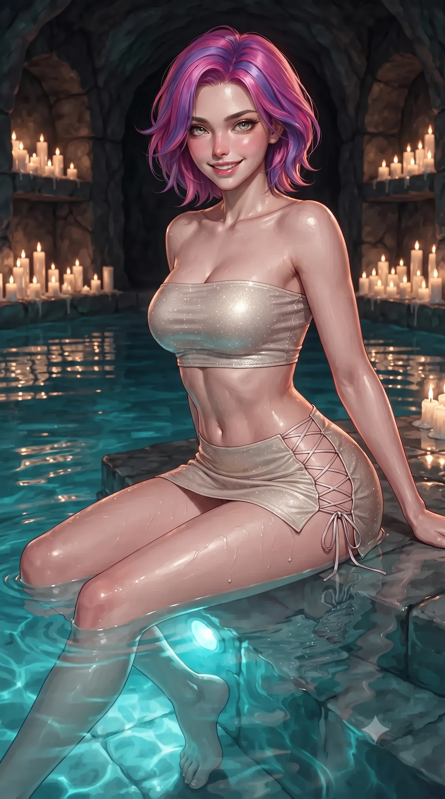 score_9, masterpiece, best quality, ultra-detailed, high-budget anime keyframe, editorial fashion photography, tasteful artistic composition, Caucasian woman. close-up cowboy shot from the waist and thighs up, the character dominates the composition, filling the frame with her large presence. leaning forward while arching her lower back to accentuate her curvy hips, looking into the camera with an intoxicating smoldering gaze and bedroom-eyes while sitting gracefully on the pool steps with water lapping at her waist and legs extended, flashing a radiant, playful smile with parted glossy lips. The surrounding environment is rendered in vivid detail and crisp panoramic clarity: detailed garment cut, wet cling or bodycon lines, and bespoke subterranean craft in razor-sharp precision. She has an exceptionally elegant, slender, and willowy female figure with an ultra-slim waist, flat toned midriff, narrow ribcage, and sculpted feminine hips creating an alluring, slim hourglass silhouette without bulk. sharp v-shaped jawline, high-bridge nose, intricate jewel-like sparkling eyes with depth, thick eyelashes, glossy parted lips with a natural peach sheen, bright cheerful beaming smile with an enchanting and coquettish sensual glint, exuding both youthful cute charm and seductive allure, flawlessly proportioned anatomical accuracy, strict slender model proportions, natural body alignment, perfectly sculpted long slender limbs, ultra-slim waistline, clean dynamic posture without body distortion. wearing an ultra-cropped fitted bandeau top paired with a micro mini tennis skirt revealing her flat toned midriff in Belvedere ivory pearl and Habsburg bordeaux wine, woven from stretch metallic lurex jersey casting radiant starlight glints across her curves, featuring fine criss-cross lace-up side ties revealing tantalizing glimpses of her hip curve, the form-contouring silhouette accentuating her sculpted flat midriff, narrow delicate ribcage, and gracefully curvy hips with intoxicating allure. bathed in underwater pool turquoise LEDs combined with hundreds of warm 2200K wax candle flames lining cave niches. ultra-reflective glossy finish, specular highlights, rich textural contrasts, high-contrast stereoscopic depth, volumetric dynamic lighting, 2k, ultra detail, master piece, 9:16 ratio