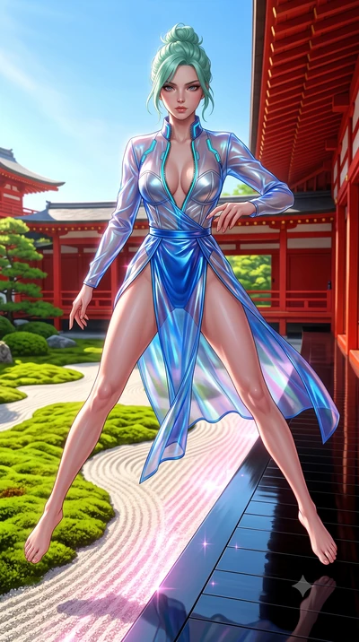 score_9, masterpiece, best quality, ultra-detailed, high-budget anime keyframe, semi-realistic 3D game render, editorial fashion photography, tasteful artistic composition, Japanese woman. low angle full-body shot from head to toe showing her feet, f