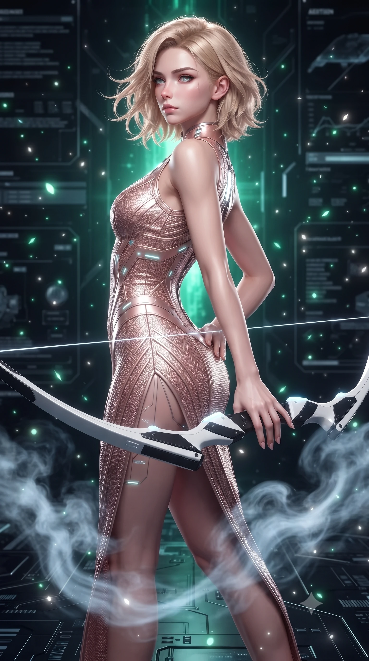 score_9, masterpiece, best quality, ultra-detailed, high-budget anime keyframe, editorial fashion photography, tasteful artistic composition, Caucasian woman. close-up cowboy shot from the waist and thighs up, the character dominates the composition, filling the frame with her large presence. stretching forward with an alluring arch of her spine, glancing over her shoulder with divine self-assurance and magnetic intensity while resting her holographic bow with calm sovereign authority as swirling coolant mist flows around her slender ankles. The composition keeps background elements in soft focus with creamy bokeh. sparkling photon arrow particles scattering soft glowing light motes across a dark technological backdrop. She has an exceptionally elegant, slender, and willowy female figure with an ultra-slim waist, a gracefully sculpted slender torso, toned flat midriff, and a refined slim silhouette. sharp v-shaped jawline, high-bridge nose, intricate jewel-like eyes with depth, thick eyelashes, glossy lips with a natural sheen, flawlessly proportioned anatomical accuracy, strict slender model proportions, natural body alignment, perfectly sculpted long slender limbs, ultra-slim waistline, clean dynamic posture without body distortion. wearing a form-fitting luminous rose-gold carbon combat gown with tactical side slits, wielding a floating magnetic energy bow with celestial poise in monochrome white enamel carbon with high-contrast black panels, crafted from ultra-strong woven carbon-fiber composite with a satin luster, featuring a sleek aerodynamic collar framed by subtle glowing cybernetic status LEDs, the glove-like aerodynamic second-skin fit tightly clinging to her ultra-slender waist and athletic curves without adding bulk, accentuating her razor-sharp statuesque lines and slim hourglass silhouette. bathed in intense radiant emerald crystal core backlighting and glowing photon bow illumination. ultra-reflective glossy finish, specular highlights, dark metallic sheen, high-contrast stereoscopic depth, volumetric dynamic lighting, 2k, ultra detail, master piece, 9:16 ratio