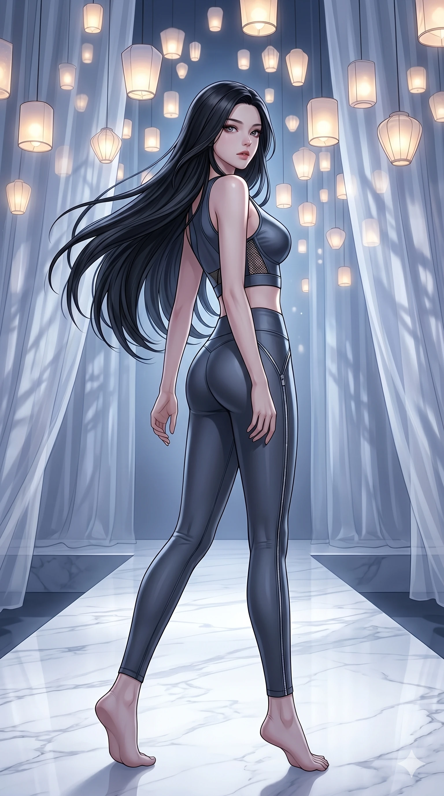 score_9, masterpiece, best quality, ultra-detailed, high-budget anime keyframe, editorial fashion photography, tasteful artistic composition, Korean woman. low angle full-body shot from head to toe showing her feet, filling the entire 9:16 vertical frame with her statuesque presence, stretching her vertical silhouette. Pivoting sharply mid-step with hair sweeping dramatically behind on a runway of polished white marble under a canopy of thousands of floating luminous lanterns. She has an absolutely perfect 8-heads proportion, an exceptionally tall and slender female figure with impossibly long slender legs and an ultra-slim waist. V-shaped jawline, high-bridge nose, intricate jewel-like eyes with depth, thick eyelashes, glossy lips with a natural sheen. wearing a high-performance fitted crop sports top in deep chrome grey with sculpted structured cups and a bold graphic mesh insert at the sides, paired with matching high-waist compression leggings with side chrome zip details. bathed in cold silver moonlight filtered through translucent gossamer curtains casting soft shadows on her elegant contours. 2k, ultra detail, master piece, 9:16 ratio