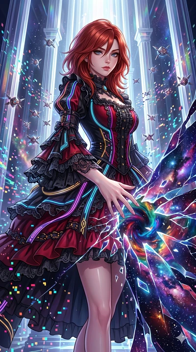 score_9, masterpiece, best quality, ultra-detailed, Set A: High-budget Anime Keyframe, Korean woman. Upper body close-up from the thighs up, character filling the screen for maximum presence. Theme: Abstract Cosmic. shattering the fabric of reality i