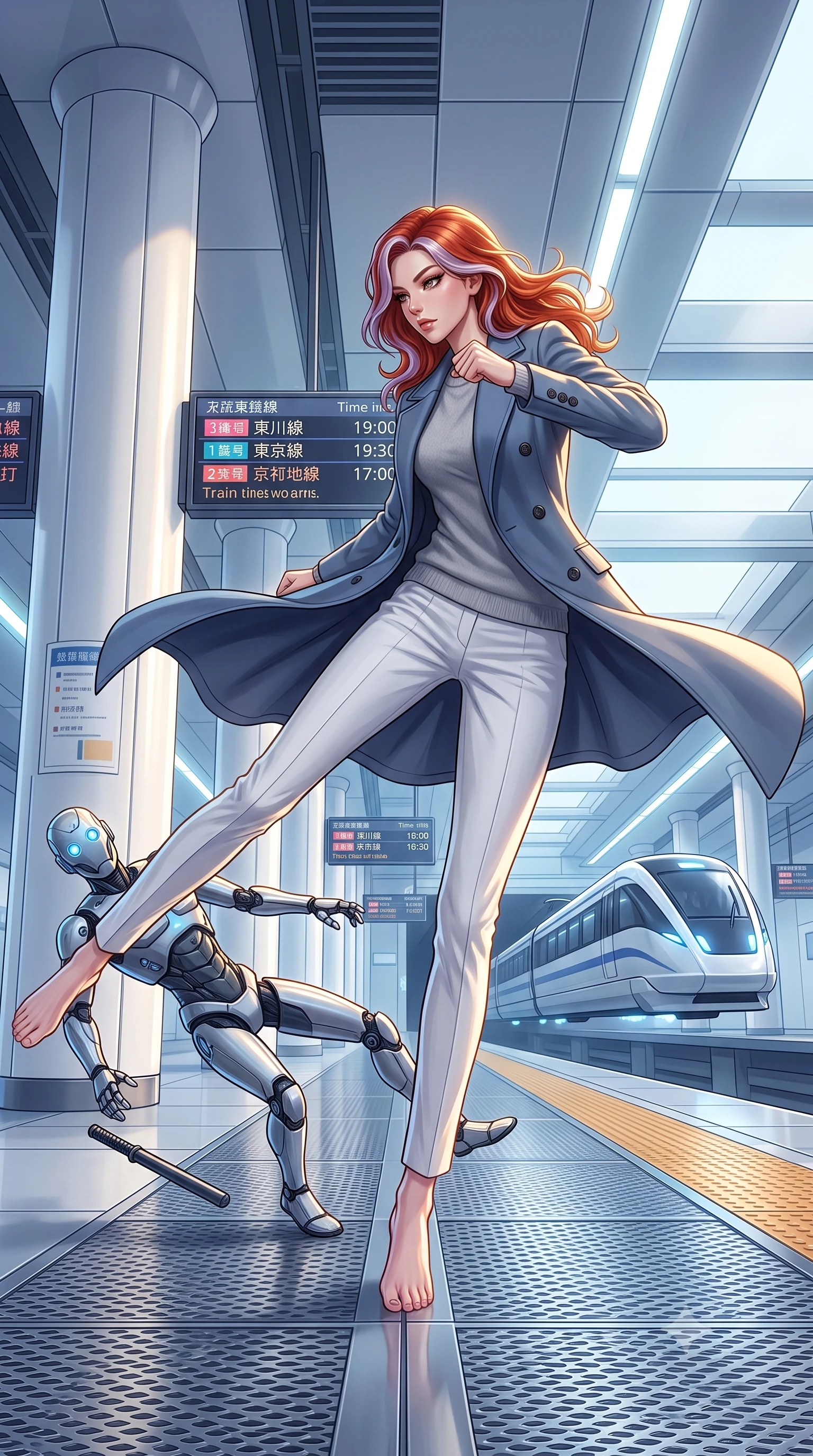 score_9, masterpiece, best quality, ultra-detailed, high-budget anime keyframe, editorial fashion photography, tasteful artistic composition, Caucasian woman, strictly human ears. low angle full-body shot from head to toe showing her feet, filling the entire 9:16 vertical frame with her statuesque presence, stretching her vertical silhouette. executing a lightning-fast low sweep kick to knock down a security android on a metal catwalk within a clean, futuristic station platform with white pillars and digital displays, a sleek train hovering on magnetic tracks. She has a statuesque 8.5-heads proportion, an exceptionally tall, slender and willowy model-like build with impossibly long legs and a highly sculpted ultra-slim waist. sharp v-shaped jawline, high-bridge nose, intricate jewel-like eyes with depth, thick eyelashes, glossy lips with a natural sheen. wearing the lightweight fabric rippling and billowing dramatically with her movement, a tailored structured double-breasted coat in slate blue over a soft grey cashmere sweater and white slim trousers. highly saturated vibrant anime colors, intense vivid color palette, soft 3D volumetric shading, volumetric dynamic lighting, dramatic chiaroscuro with a single golden key light sculpting her silhouette. 2k, ultra detail, master piece, 9:16 ratio