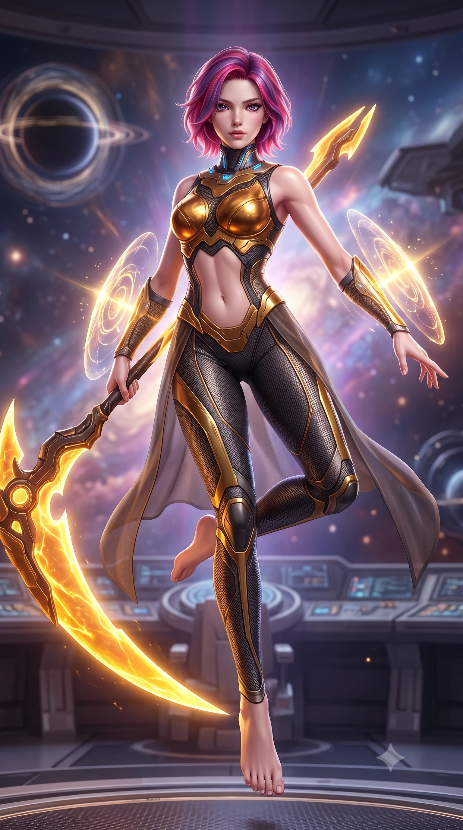 score_9, masterpiece, best quality, ultra-detailed, high-budget anime keyframe, semi-realistic 3D game render, editorial fashion photography, tasteful artistic composition, Caucasian woman. low angle full-body shot from head to toe showing her feet, filling the entire 9:16 vertical frame with her statuesque presence, stretching her vertical silhouette. performing an alluring mid-air combat landing with flawless poise, looking directly into the camera with regal, deadly intensity while pivoting dynamically in zero-gravity with arms outstretched as the translucent energy shields pulse with golden particle light. The composition keeps background elements in soft focus with creamy bokeh. gravitational containment rings and starship bridge architecture softened in smooth cosmic depth. She has an absolutely perfect, statuesque 8.5-heads proportion, an exceptionally tall and slender model-like female figure with impossibly long slender legs, a toned flat midriff, and an ultra-slim waist. sharp v-shaped jawline, high-bridge nose, intricate jewel-like eyes with depth, thick eyelashes, glossy lips with a natural sheen, flawlessly proportioned anatomical accuracy, strict slender model proportions, natural body alignment, perfectly sculpted long slender limbs, ultra-slim waistline, clean dynamic posture without body distortion. wearing a sculpted molten-gold and dark carbon cuirass paired with high-mobility combat leggings and sheer side drapes, wielding a glowing plasma energy scythe with fluid grace in molten amber-gold carbon cuirass with dark titanium weave, tailored from flexible second-skin carbon-mesh that clings flawlessly to her athletic curves, featuring a sleek aerodynamic collar framed by subtle glowing cybernetic status LEDs, the sleek second-skin cut tightly hugging her graceful clavicle, narrow waist, and feminine curves with athletic precision. surrounded by an awe-inspiring, supreme, and radiantly transcendent cosmic guardian goddess aura. rich saturated anime colors with glowing neon highlights, detailed shading with soft gradients, rich glossy textures, high-contrast stereoscopic depth, volumetric dynamic lighting, master piece, 9:16 ratio
