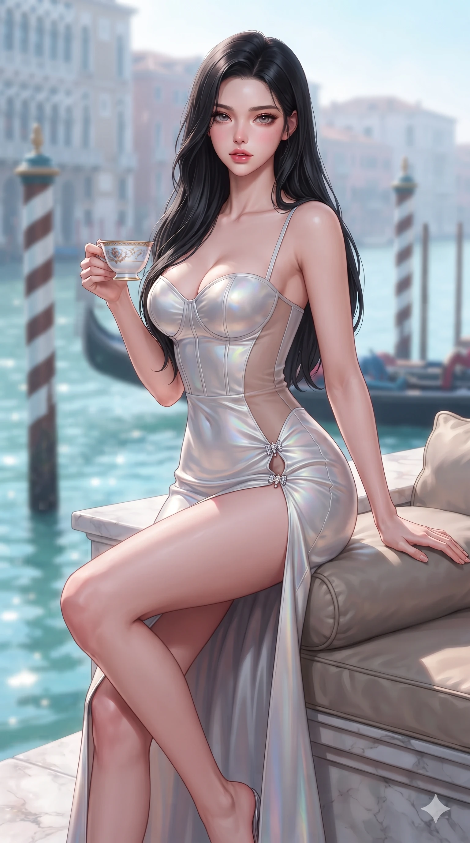 score_9, masterpiece, best quality, ultra-detailed, high-budget anime keyframe, semi-realistic 3D game render, editorial fashion photography, tasteful artistic composition, Korean woman. close-up cowboy shot from the waist and thighs up, the character dominates the composition, filling the frame with her large presence. perched sideways on the lounge seat, one knee drawn up to showcase her slender leg line while her arched back accentuates her feminine hip curve while perching on the marble terrace parapet with legs crossed, arching her lower back while holding a delicate porcelain tea cup with sovereign anime grace. The composition keeps background elements in soft focus with creamy bokeh: mist-veiled Grand Canal waters, striped wooden gondola mooring poles, and distant gothic palazzo facades blurred into aquamarine, rose, and misty silver bokeh. She has an exceptionally elegant, slender, and willowy female figure with an ultra-slim waist, flat toned midriff, narrow ribcage, and sculpted feminine hips creating an alluring, slim hourglass silhouette without bulk. sharp v-shaped jawline, high-bridge nose, intricate jewel-like eyes with depth, thick eyelashes, glossy parted lips with a natural sheen, intensely captivating and seductive bedroom-eyes expression, flawlessly proportioned anatomical accuracy, strict slender model proportions, natural body alignment, perfectly sculpted long slender limbs, ultra-slim waistline, clean dynamic posture without body distortion. wearing a form-fitting corseted satin bustier evening gown with sheer side waist panels and dramatic leg slit in iridescent mother-of-pearl and liquid molten silver, crafted from fluid liquid silk satin that clings smoothly to her narrow waist and rounded hips with a dewy sheen, finished with an ultra-high side slit secured by miniature jeweled clasps, the high-slit wrap tailoring accentuating her ultra-slim waistline and the enchanting curve of her feminine hips with alluring seductive charm. bathed in luminous morning canal light with soft cyan reflections bouncing off the water surface. highly saturated vibrant anime colors, detailed shading with soft gradients, rich glossy textures, high-contrast stereoscopic depth, volumetric dynamic lighting, master piece, 9:16 ratio